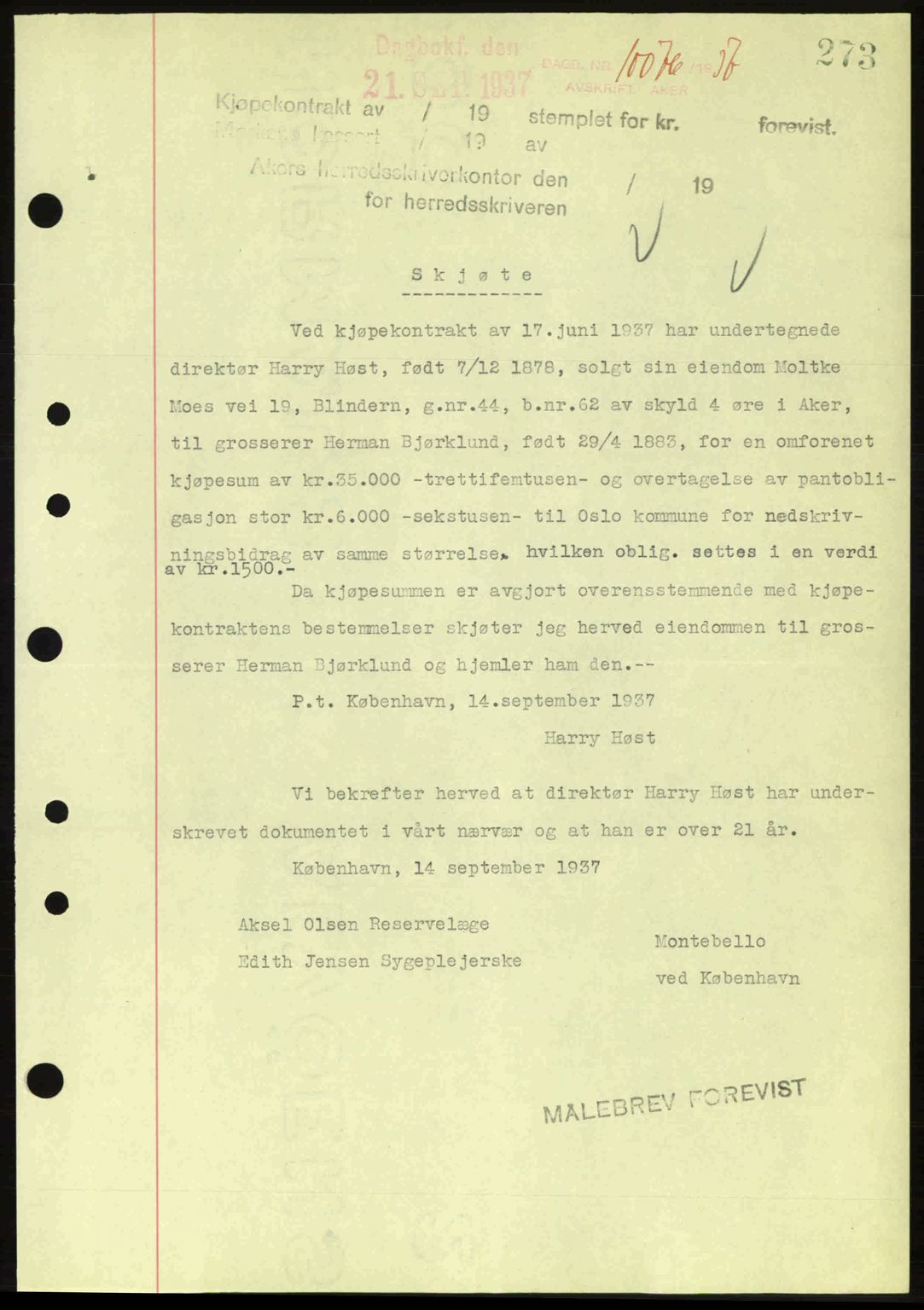 Aker herredsskriveri, SAO/A-10896/G/Gb/Gba/Gbab/L0017: Pantebok nr. A148, 1937-1937, Dagboknr: 10076/1937