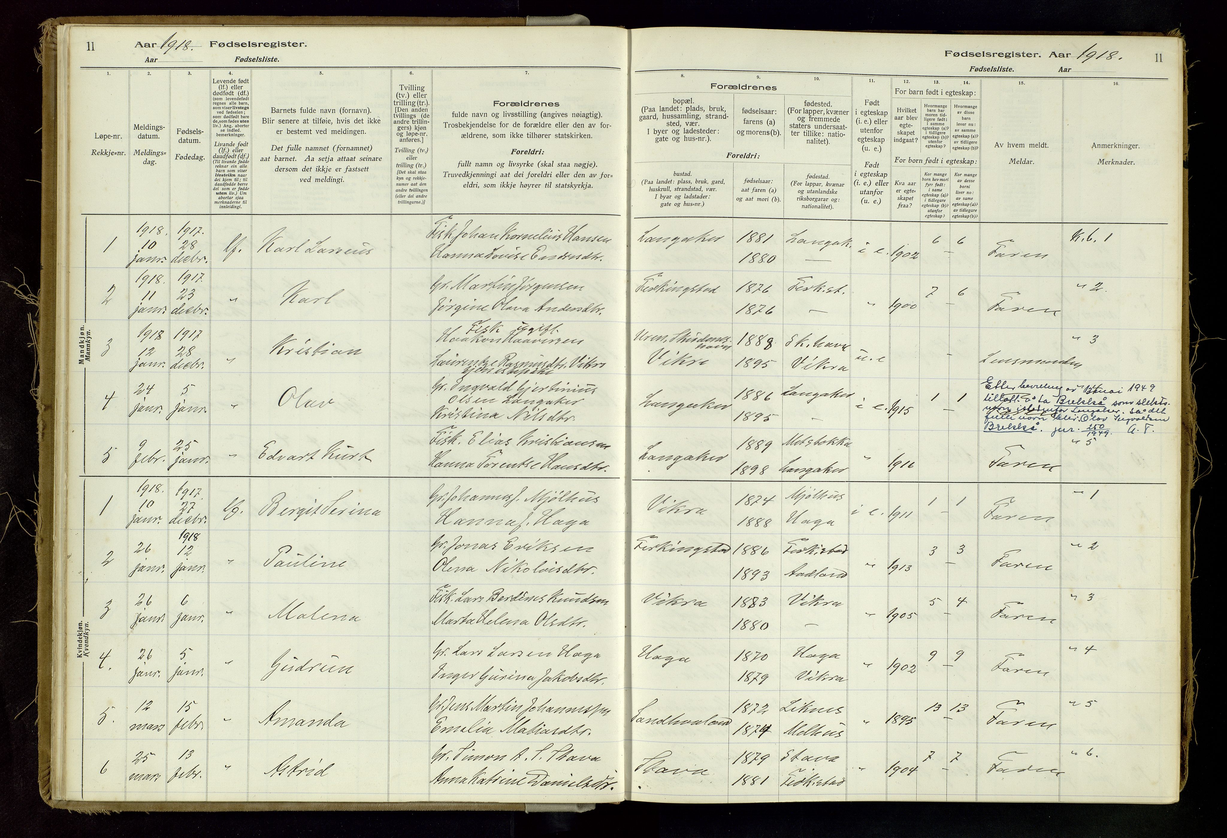 Skudenes sokneprestkontor, SAST/A -101849/I/Id/L0002: Fødselsregister nr. 2, 1916-1962, s. 11