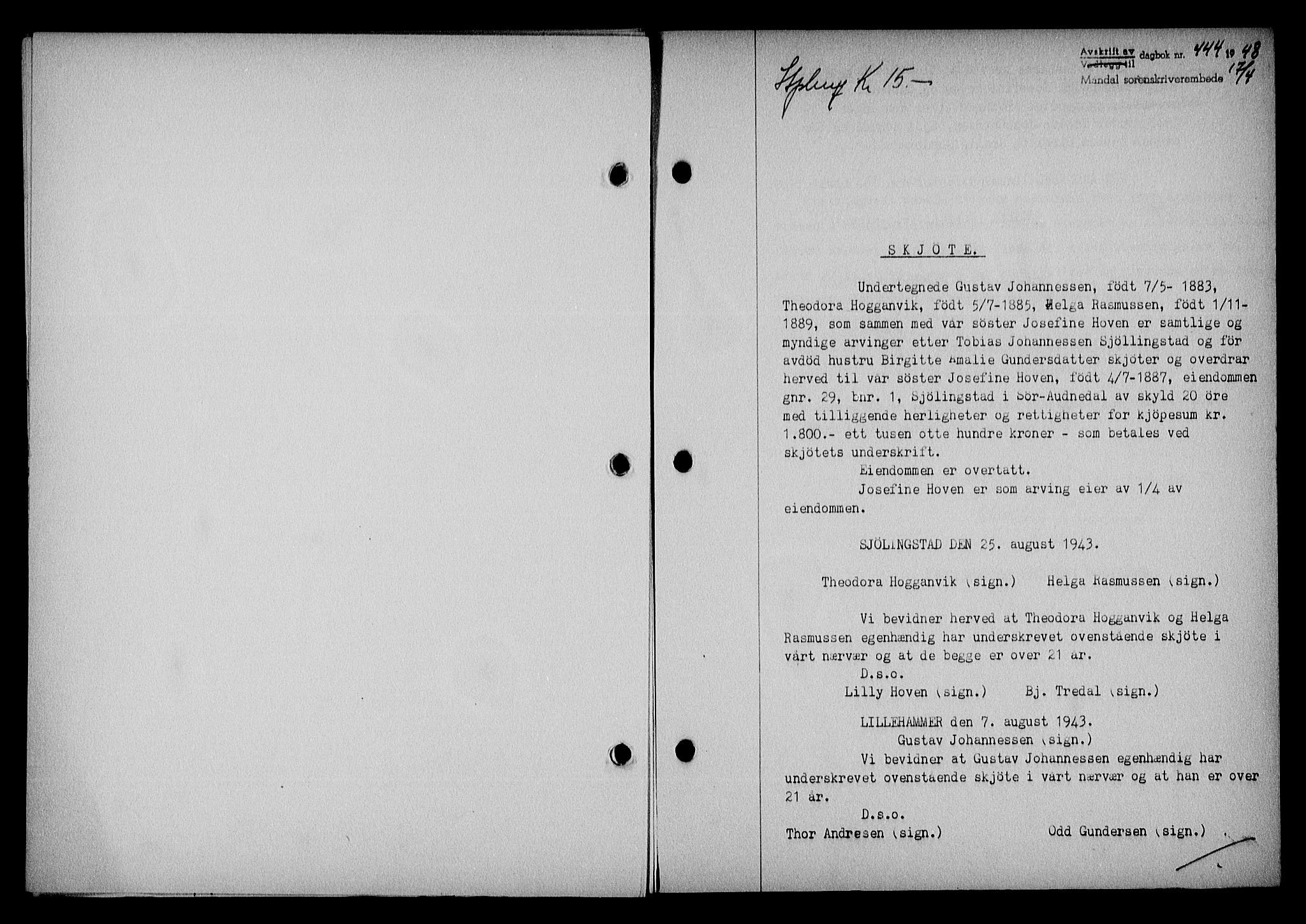 Mandal sorenskriveri, SAK/1221-0005/001/G/Gb/Gba/L0079: Pantebok nr. A-16, 1947-1948, Dagboknr: 444/1948