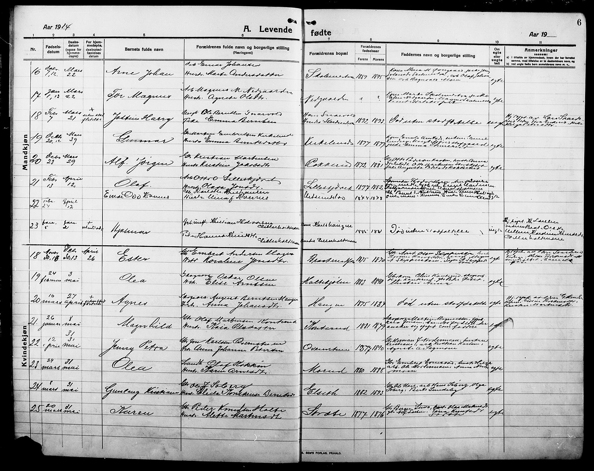 Våler prestekontor, Hedmark, AV/SAH-PREST-040/H/Ha/Hab/L0003: Klokkerbok nr. 3, 1914-1921, s. 6