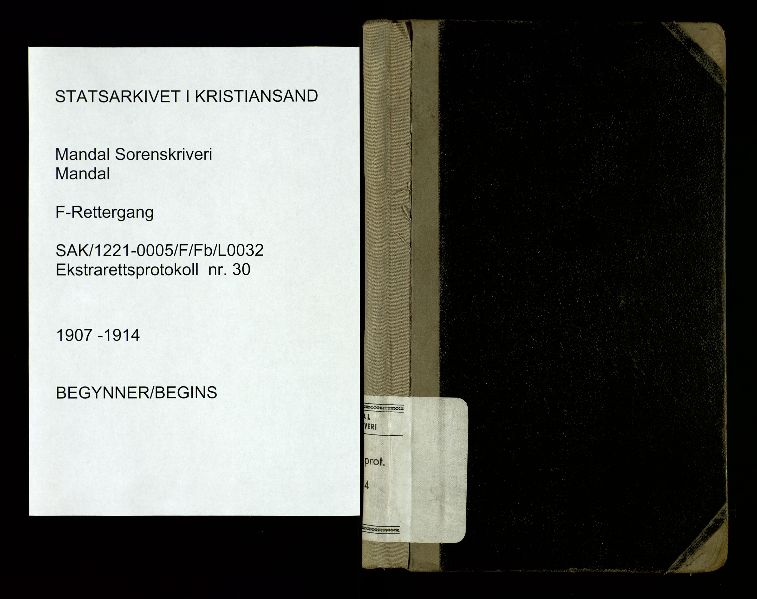 Mandal sorenskriveri, SAK/1221-0005/001/F/Fb/L0032: Ekstrarettsprotokoll nr 30, 1907-1914