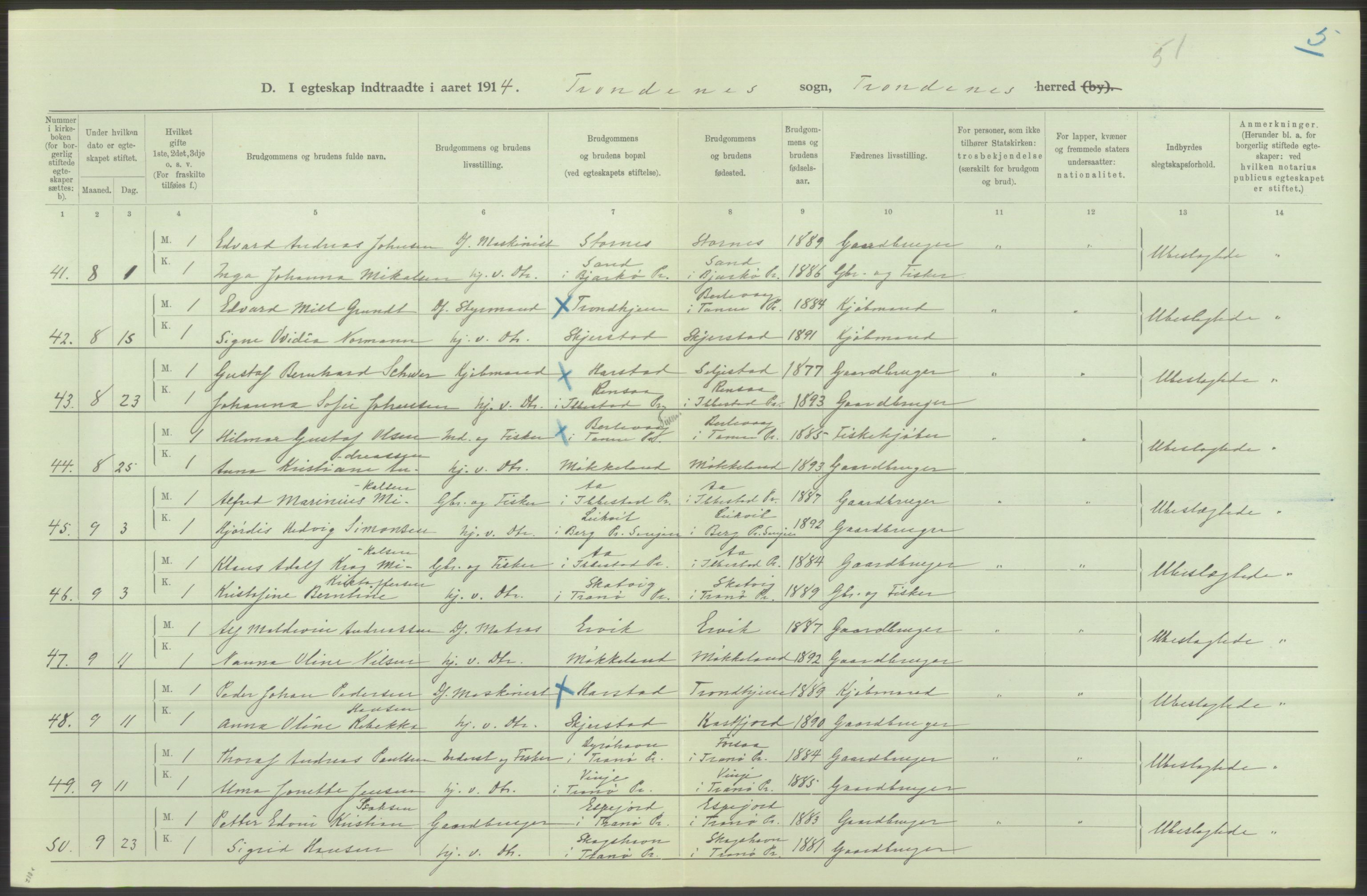 Statistisk sentralbyrå, Sosiodemografiske emner, Befolkning, AV/RA-S-2228/D/Df/Dfb/Dfbd/L0047: Tromsø amt: Gifte, døde, dødfødte. Bygder og byer., 1914, s. 54