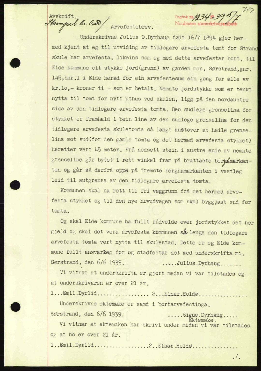 Nordmøre sorenskriveri, SAT/A-4132/1/2/2Ca: Pantebok nr. A86, 1939-1939, Dagboknr: 1934/1939