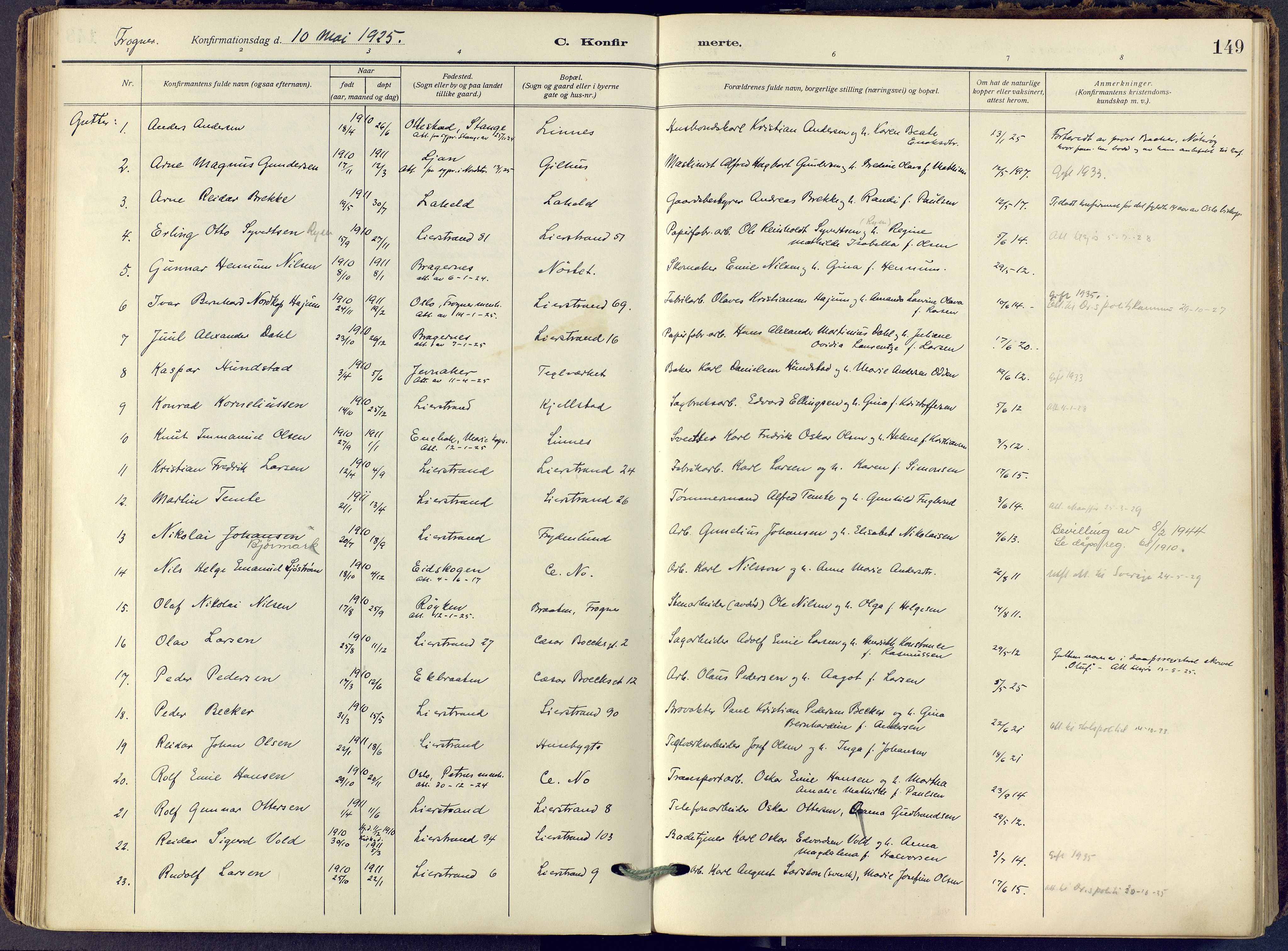 Lier kirkebøker, SAKO/A-230/F/Fa/L0019: Ministerialbok nr. I 19, 1918-1928, s. 149