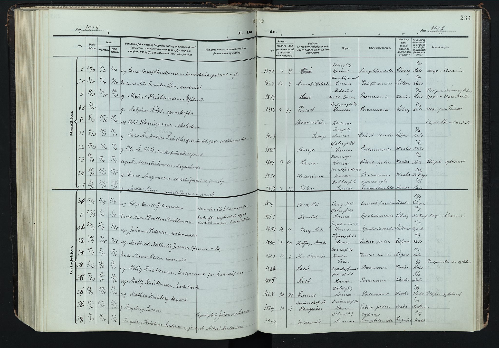 Hamar prestekontor, AV/SAH-DOMPH-002/H/Ha/Hab/L0004: Klokkerbok nr. 4, 1915-1942, s. 234