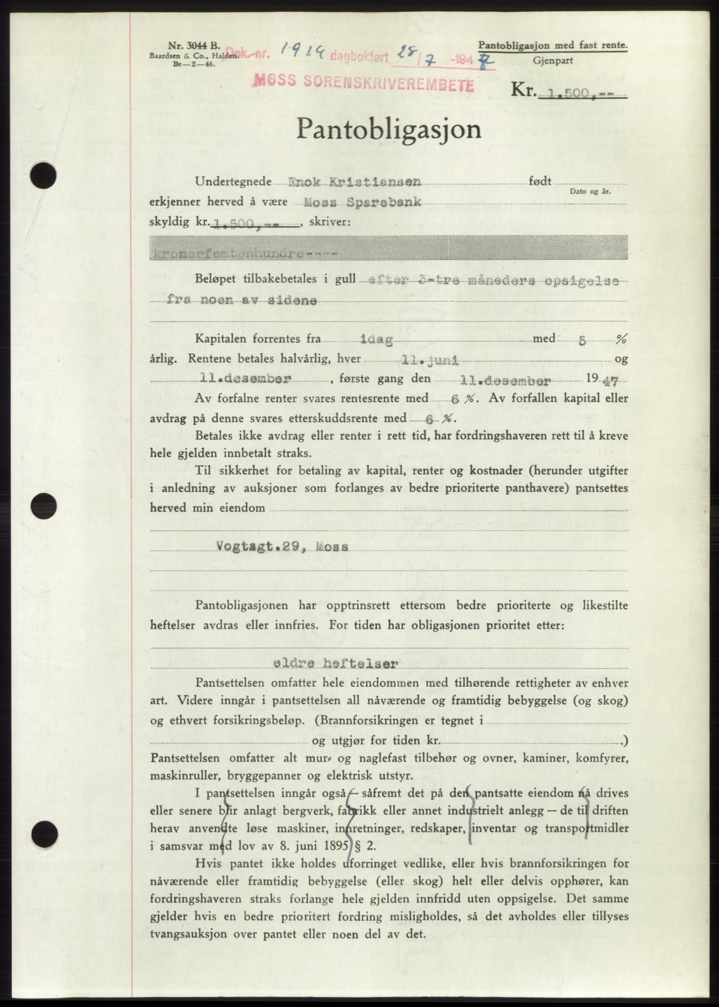 Moss sorenskriveri, SAO/A-10168: Pantebok nr. B17, 1947-1947, Dagboknr: 1919/1947