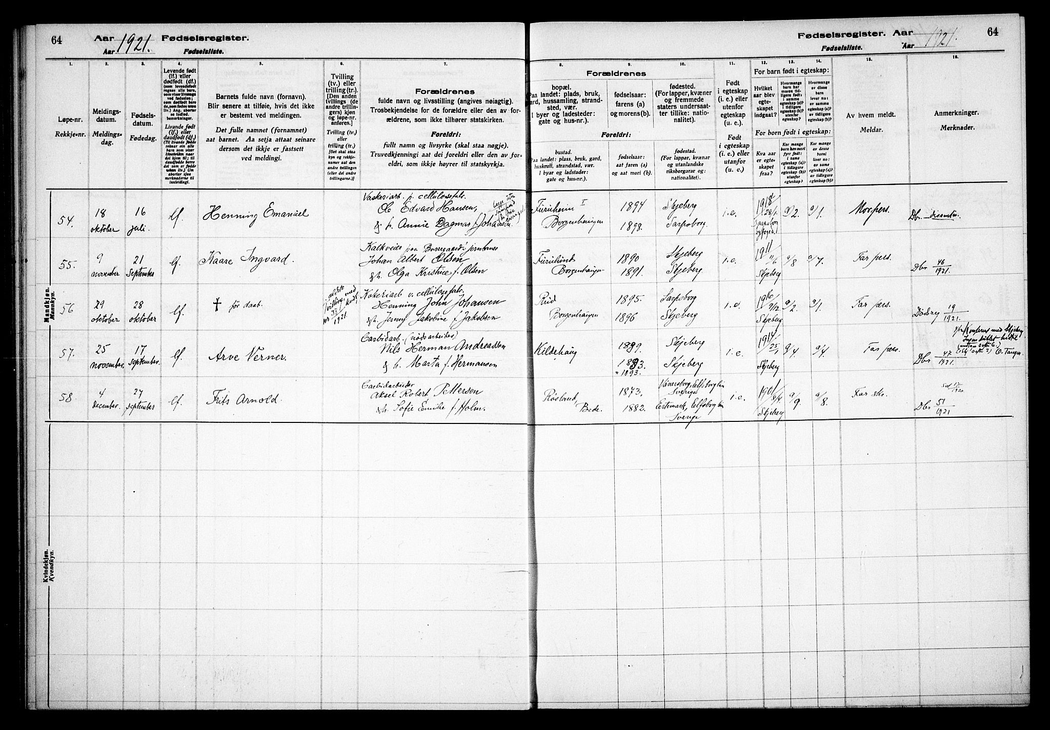 Skjeberg prestekontor Kirkebøker, AV/SAO-A-10923/J/Jd/L0001: Fødselsregister nr. IV 1, 1916-1935, s. 64