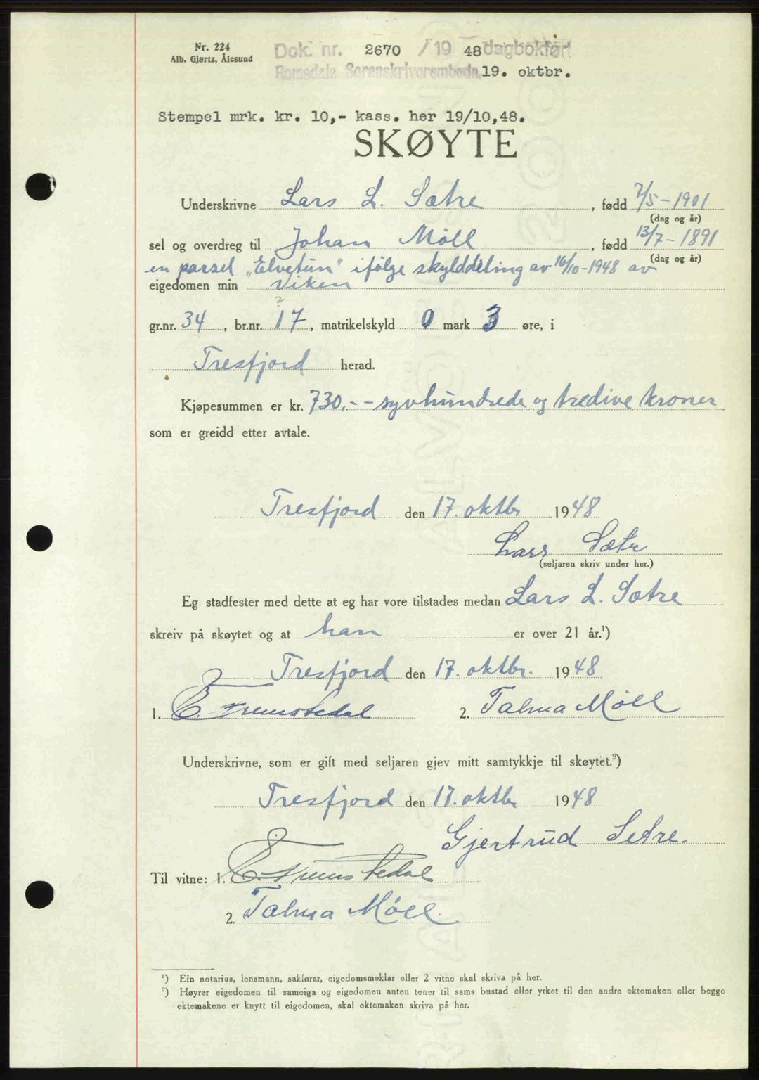 Romsdal sorenskriveri, AV/SAT-A-4149/1/2/2C: Pantebok nr. A27, 1948-1948, Dagboknr: 2670/1948