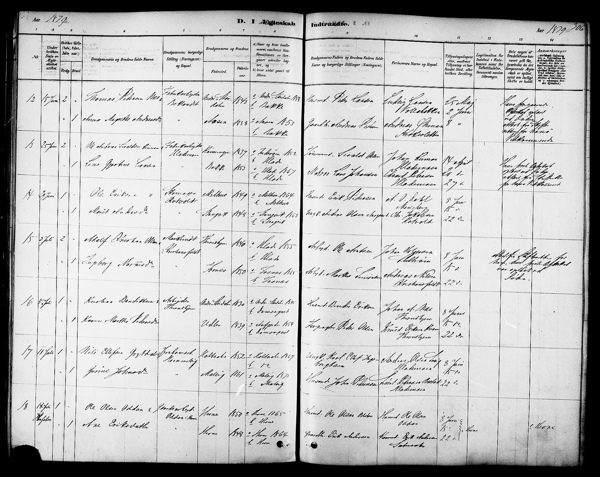 Ministerialprotokoller, klokkerbøker og fødselsregistre - Sør-Trøndelag, SAT/A-1456/606/L0294: Ministerialbok nr. 606A09, 1878-1886, s. 306