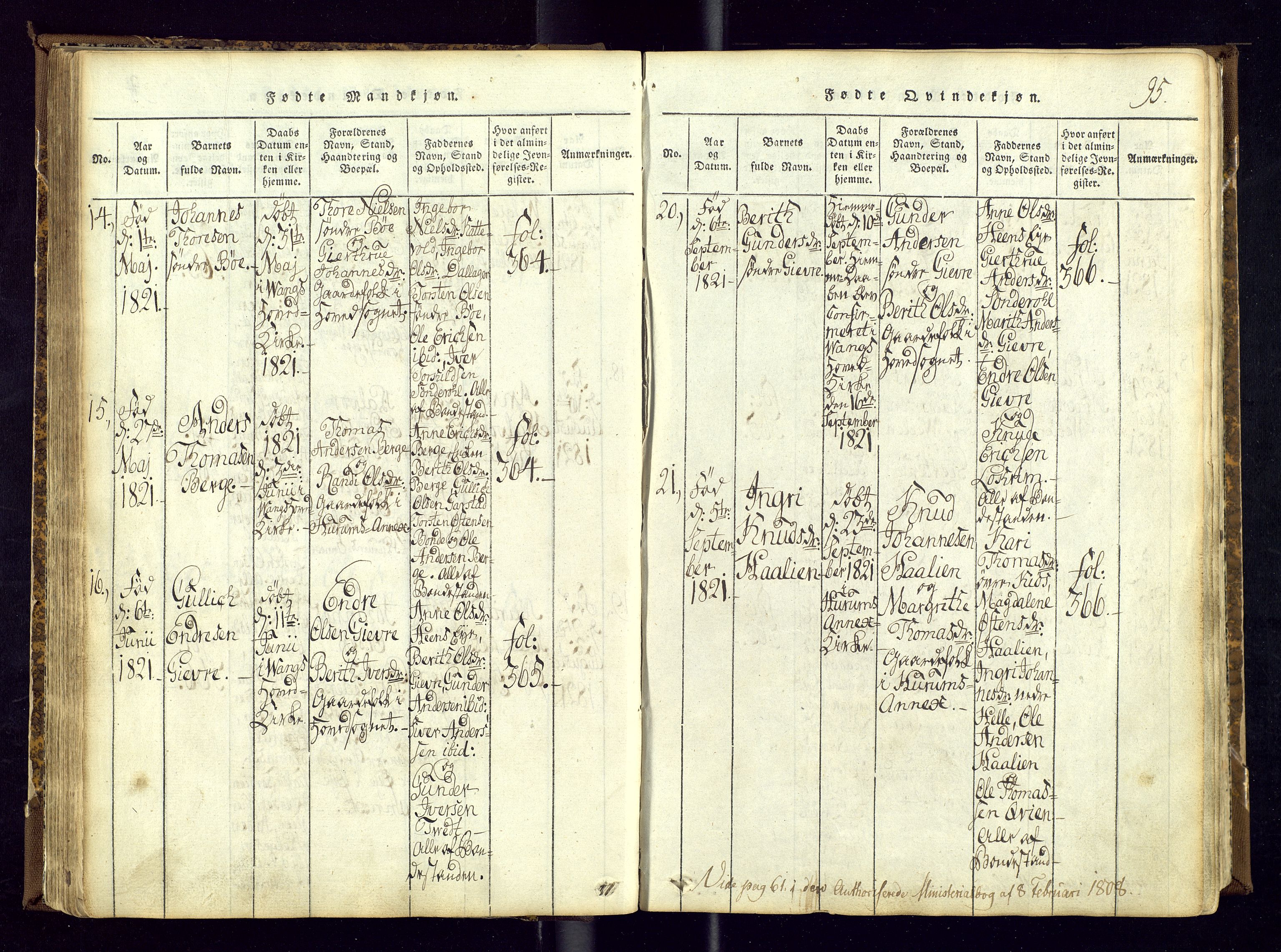 Vang prestekontor, Valdres, AV/SAH-PREST-140/H/Ha/L0004: Ministerialbok nr. 4, 1814-1831, s. 95