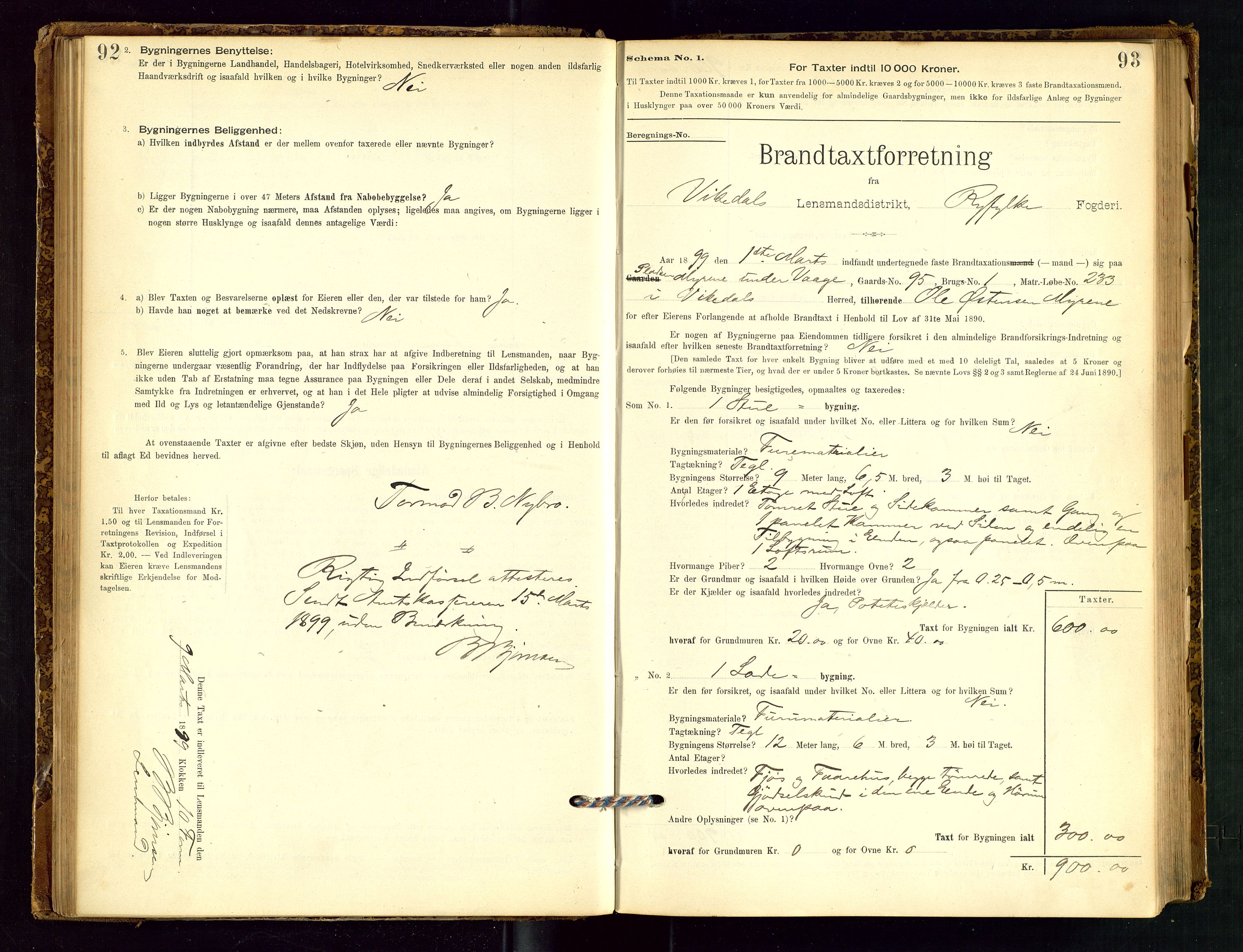 Vikedal lensmannskontor, AV/SAST-A-100179/Gob/L0004: Branntakstprotokoll, 1894-1952, s. 92-93