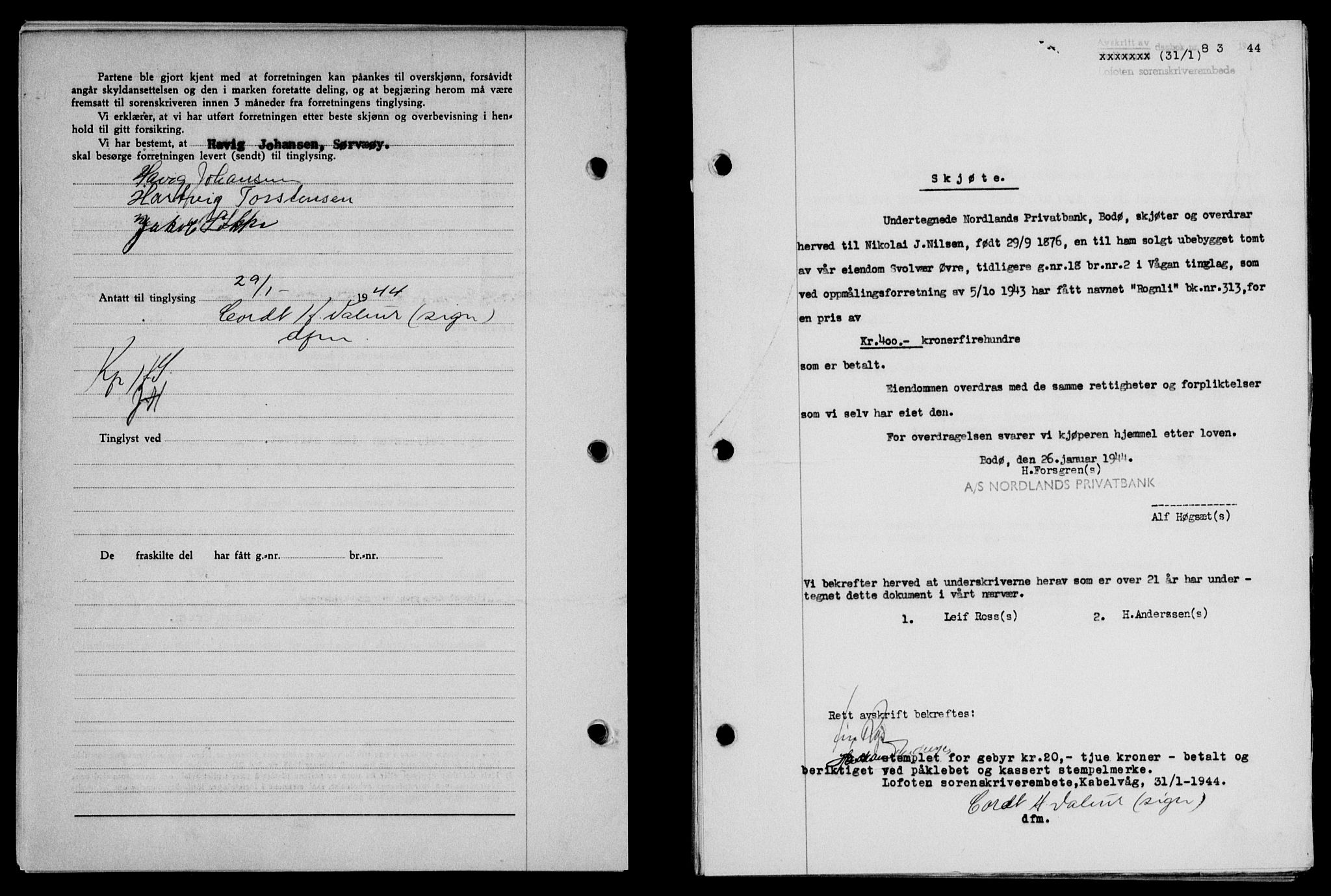 Lofoten sorenskriveri, SAT/A-0017/1/2/2C/L0012a: Pantebok nr. 12a, 1943-1944, Dagboknr: 83/1944