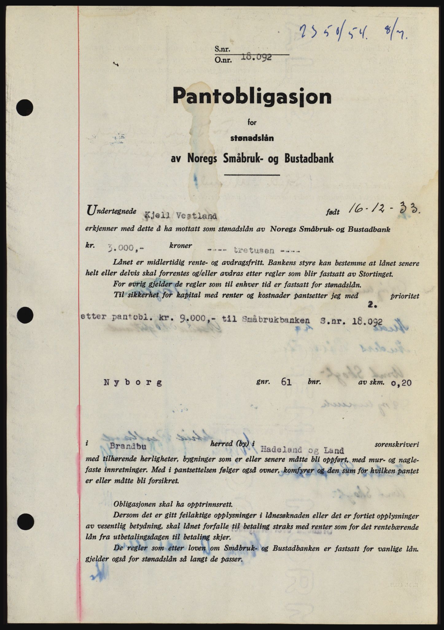 Hadeland og Land tingrett, SAH/TING-010/H/Hb/Hbc/L0030: Pantebok nr. B30, 1954-1954, Dagboknr: 2350/1954