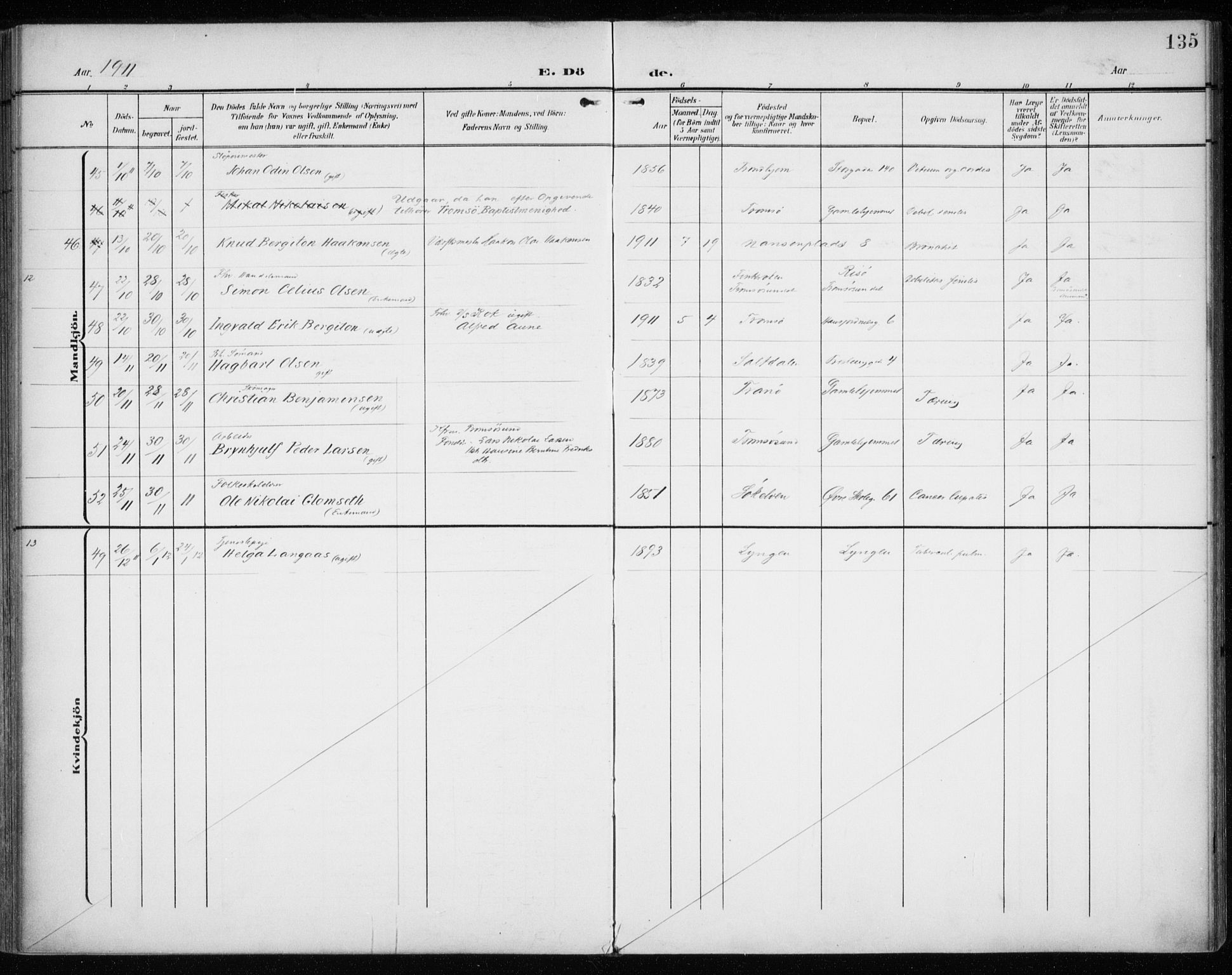 Tromsø sokneprestkontor/stiftsprosti/domprosti, AV/SATØ-S-1343/G/Ga/L0018kirke: Ministerialbok nr. 18, 1907-1917, s. 135