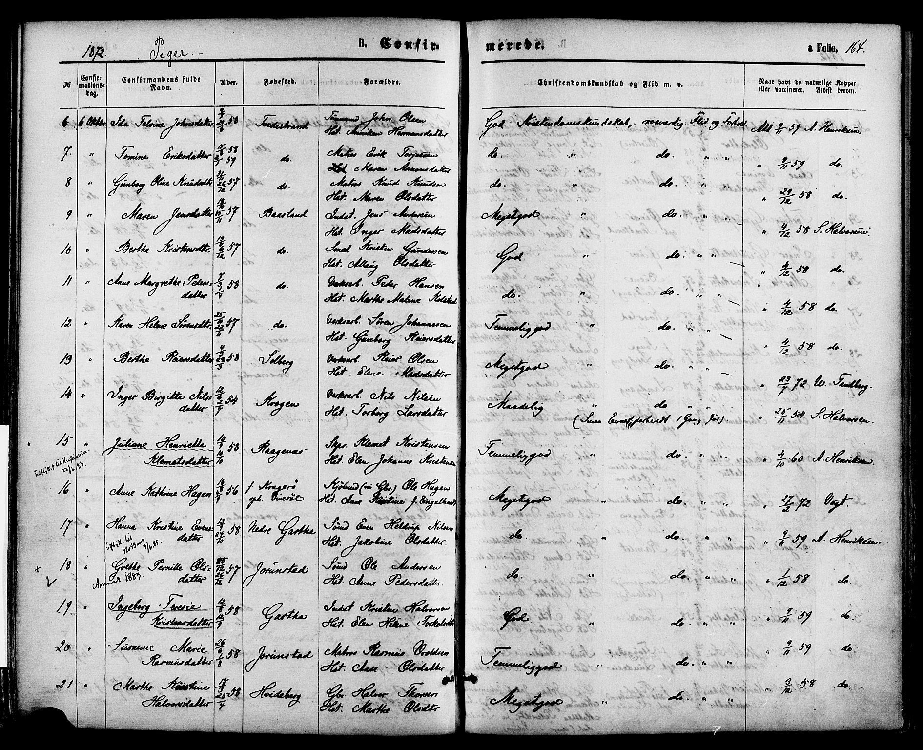 Holt sokneprestkontor, AV/SAK-1111-0021/F/Fa/L0010: Ministerialbok nr. A 10, 1872-1885, s. 164