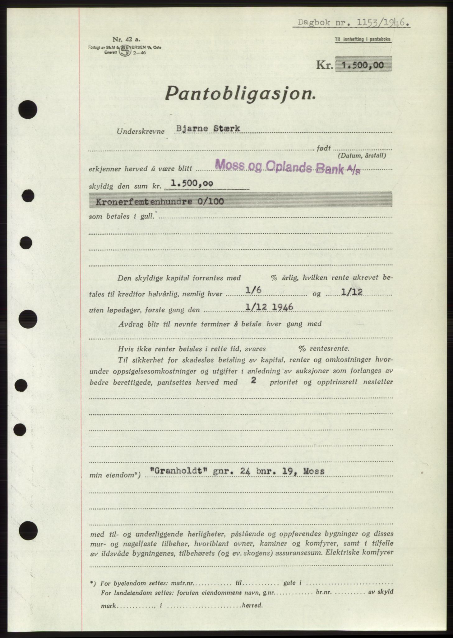 Moss sorenskriveri, SAO/A-10168: Pantebok nr. B15, 1946-1946, Dagboknr: 1153/1946