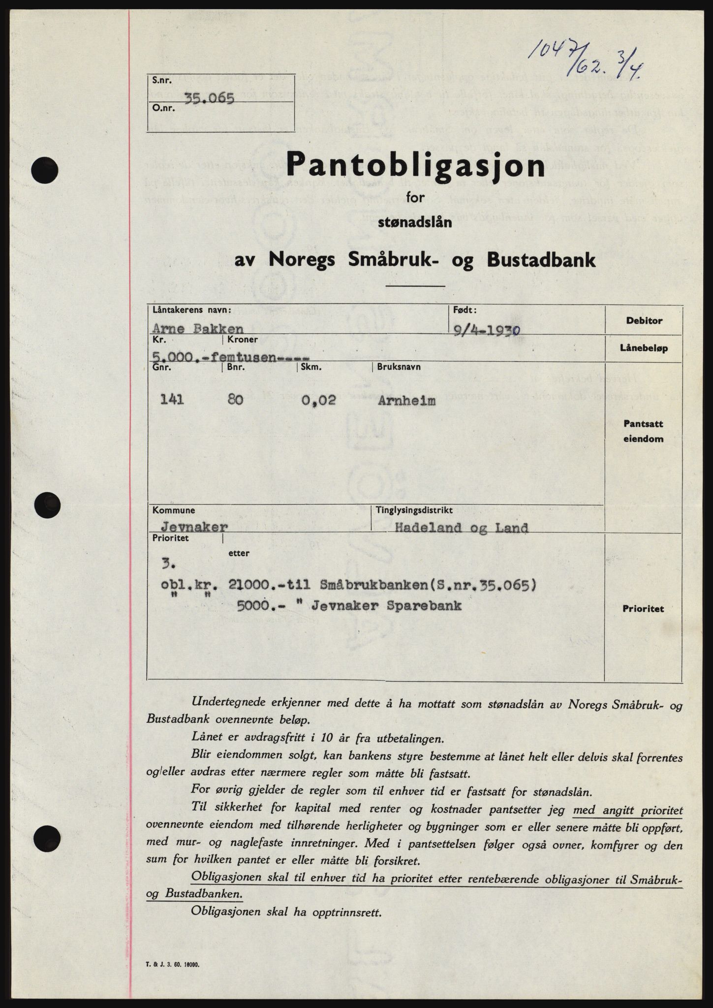 Hadeland og Land tingrett, SAH/TING-010/H/Hb/Hbc/L0048: Pantebok nr. B48, 1962-1962, Dagboknr: 1047/1962