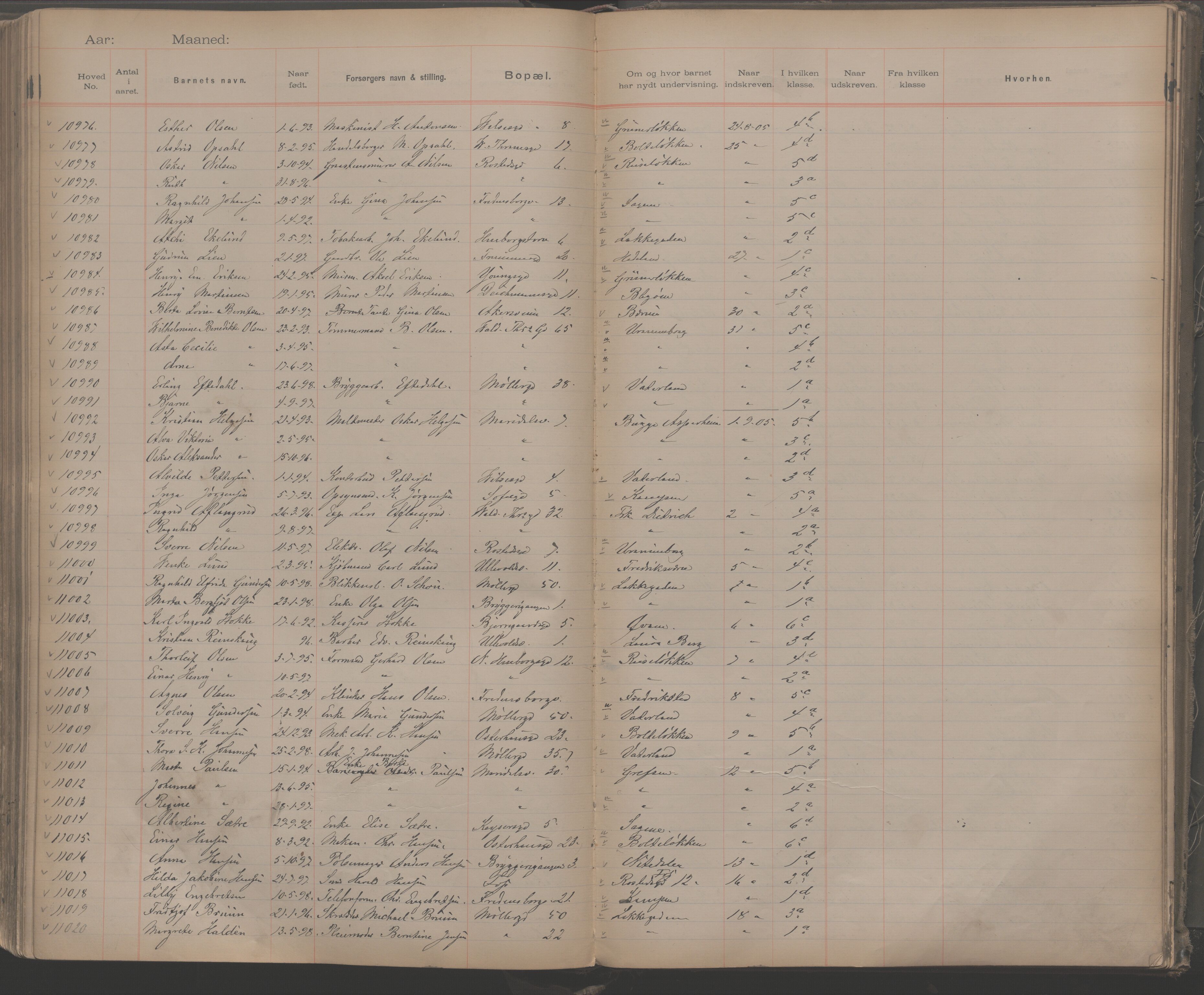 Møllergata skole, OBA/A-20129/F/Fa/L0001: Ut-/innskrivningsprotokoll, 1889-1907, s. 250