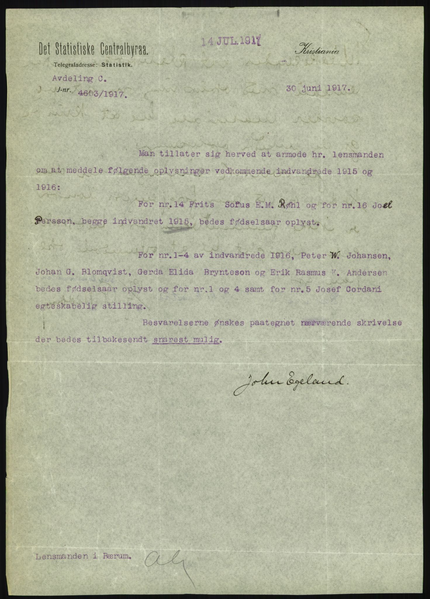 Statistisk sentralbyrå, Sosioøkonomiske emner, Folketellinger, boliger og boforhold, AV/RA-S-2231/F/Fa/L0001: Innvandring. Navn/fylkesvis, 1915, s. 49