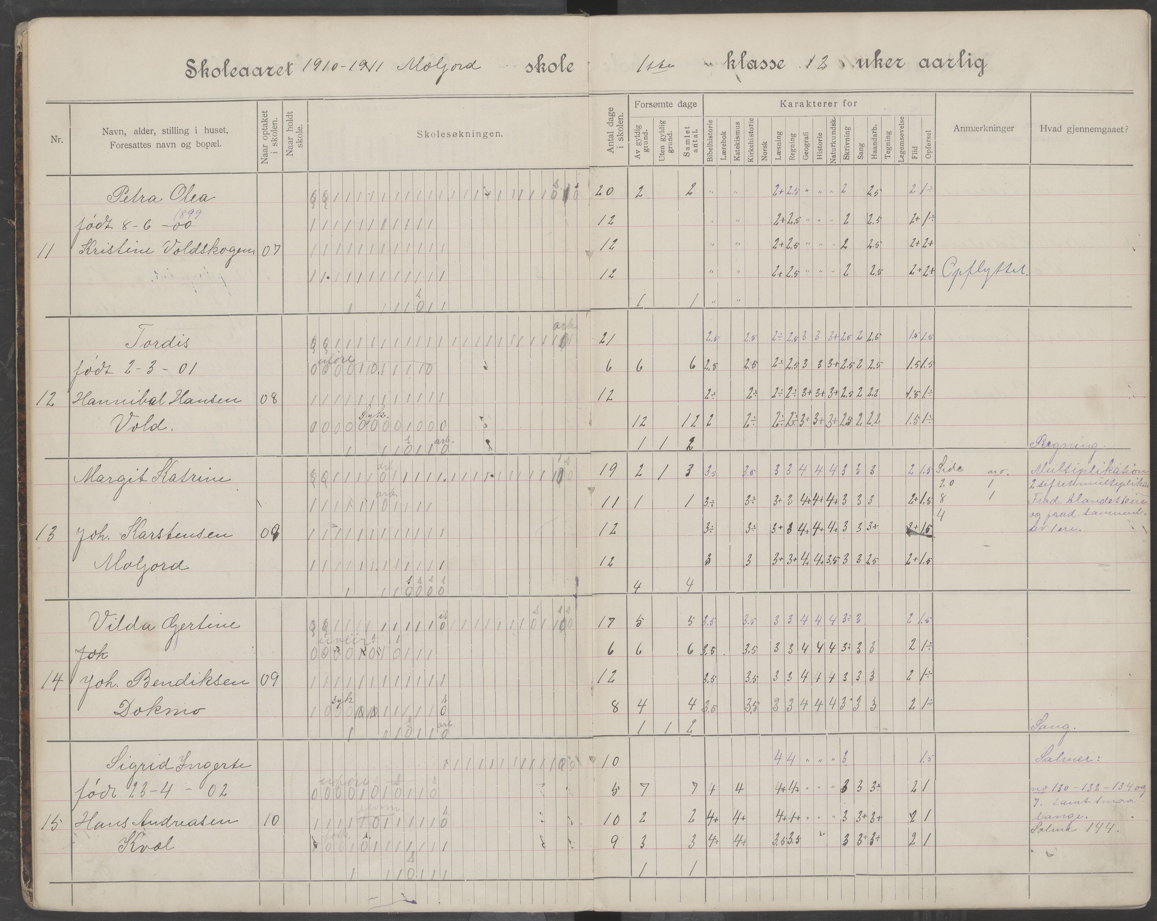 Beiarn kommune. Moldjord skolekrets, AIN/K-18390.510.14/442/L0006: Karakter/oversiktsprotokoll, 1910-1920