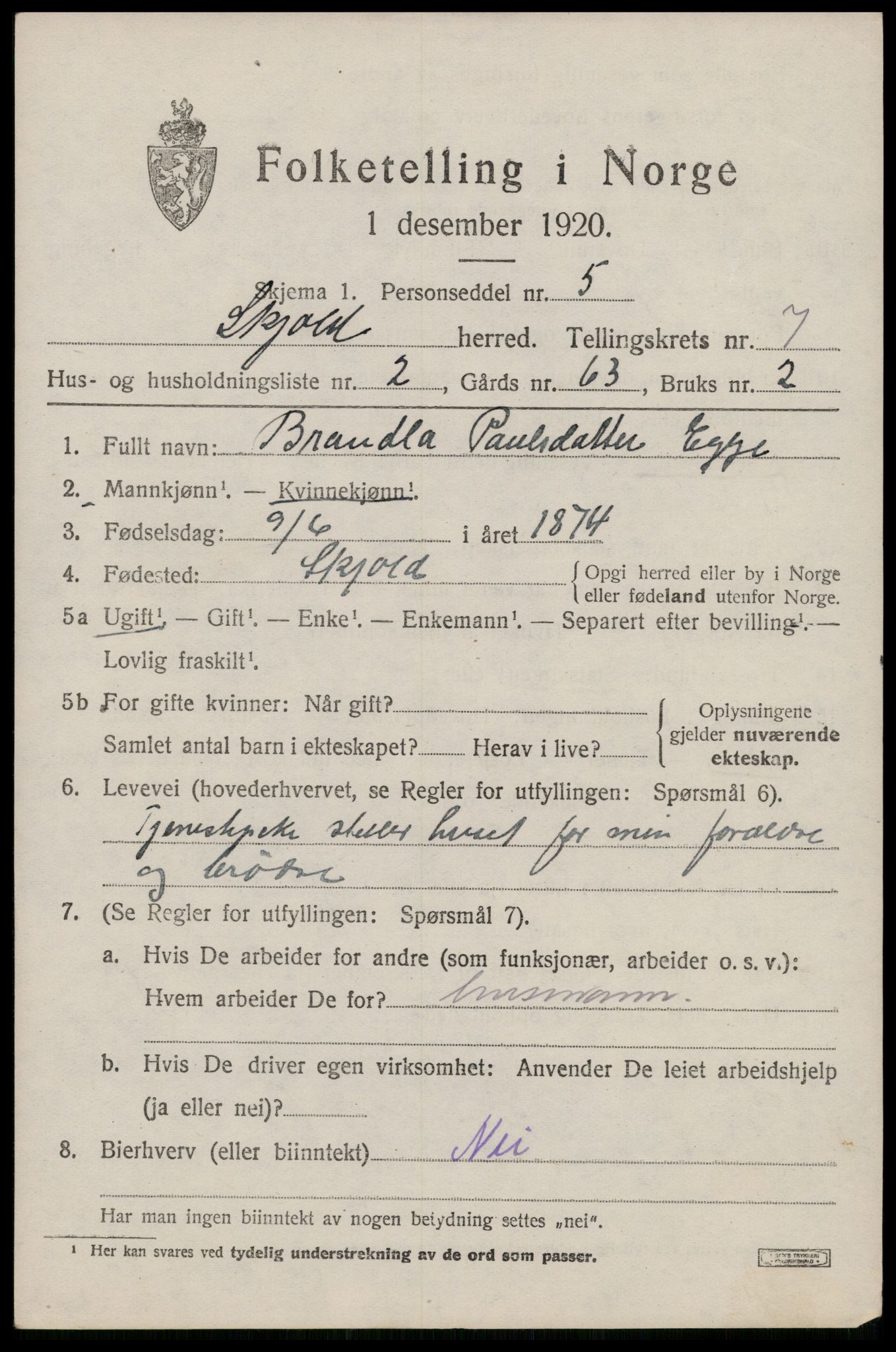 SAST, Folketelling 1920 for 1154 Skjold herred, 1920, s. 3902