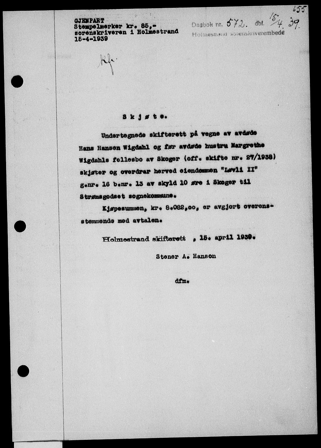 Holmestrand sorenskriveri, SAKO/A-67/G/Ga/Gaa/L0050: Pantebok nr. A-50, 1938-1939, Dagboknr: 572/1939