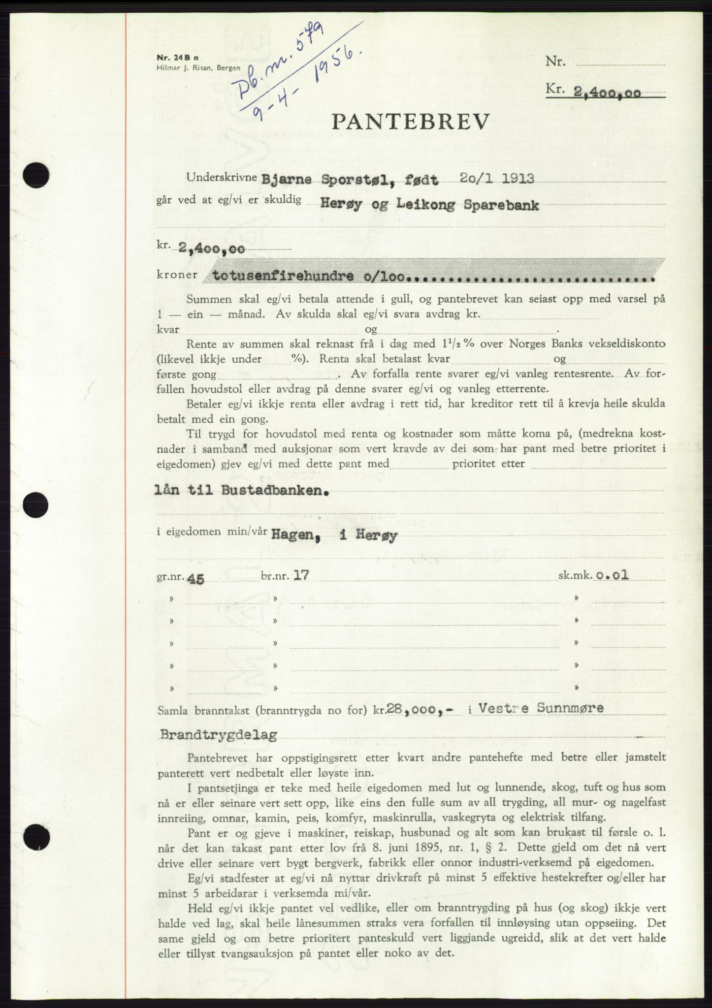 Søre Sunnmøre sorenskriveri, SAT/A-4122/1/2/2C/L0128: Pantebok nr. 16B, 1956-1956, Dagboknr: 579/1956