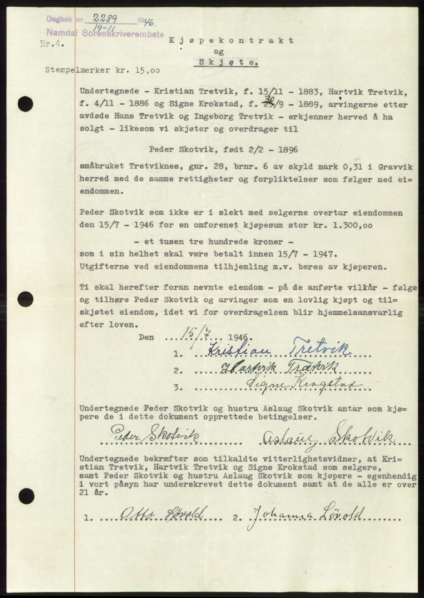 Namdal sorenskriveri, SAT/A-4133/1/2/2C: Pantebok nr. -, 1946-1947, Dagboknr: 2289/1946