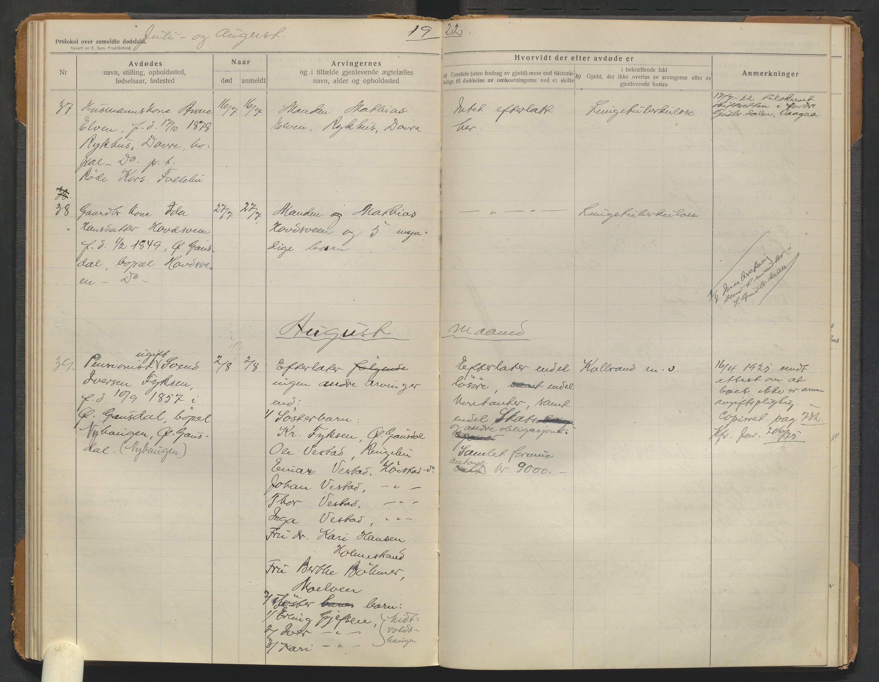 Østre Gausdal lensmannskontor, AV/SAH-PGØ-015/H/Ha/Haa/L0001/0002: Dødsfallsprotokoller / Dødsfallsprotokoll, 1913-1925
