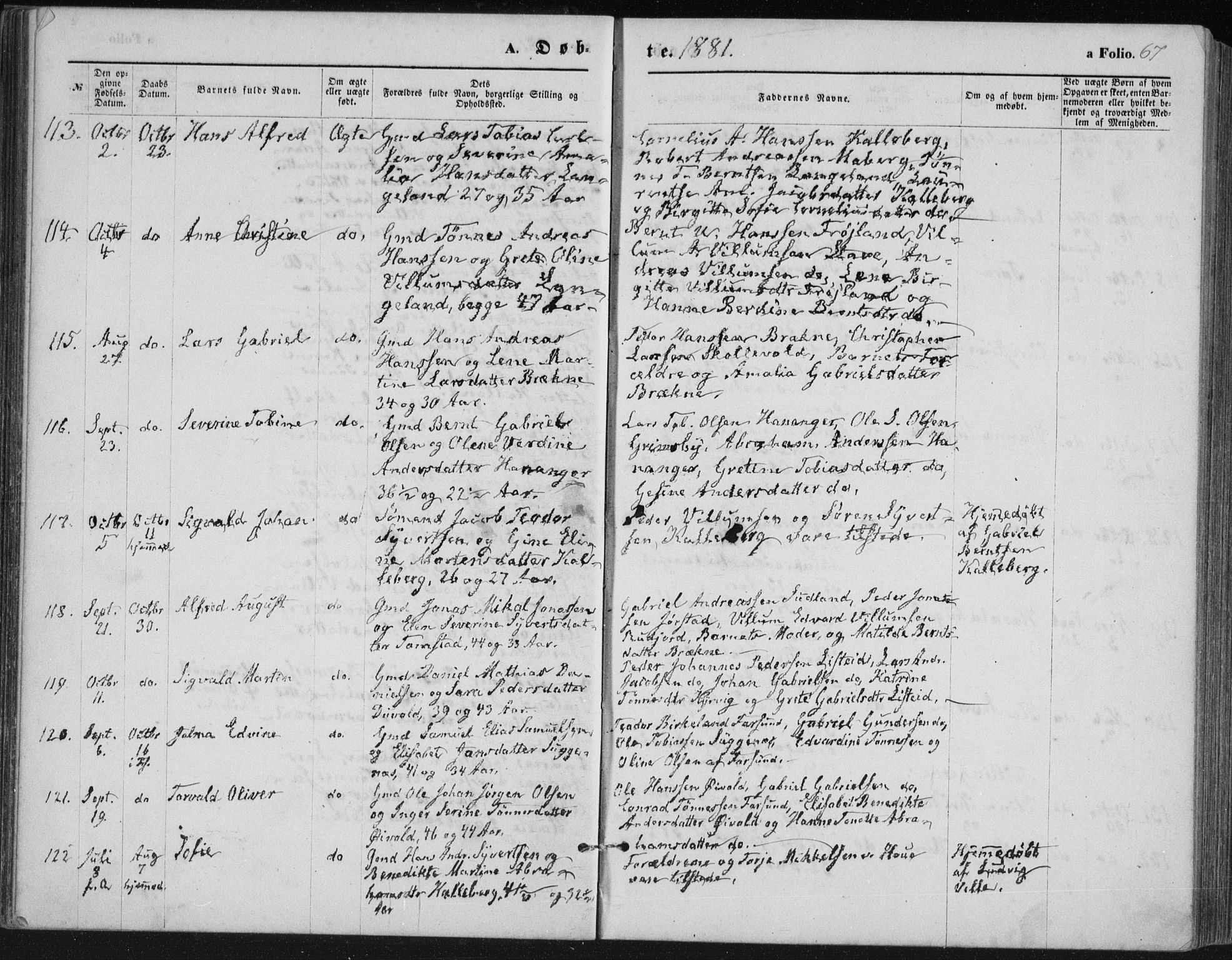 Lista sokneprestkontor, AV/SAK-1111-0027/F/Fb/L0004: Klokkerbok nr. B 4, 1877-1891, s. 67