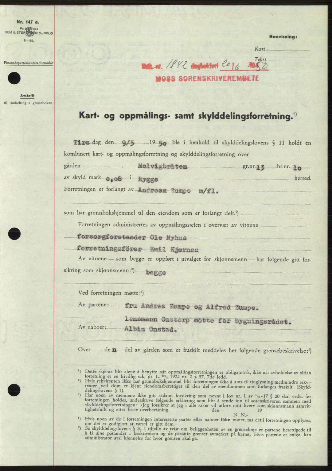 Moss sorenskriveri, SAO/A-10168: Pantebok nr. A26, 1950-1950, Dagboknr: 1842/1950