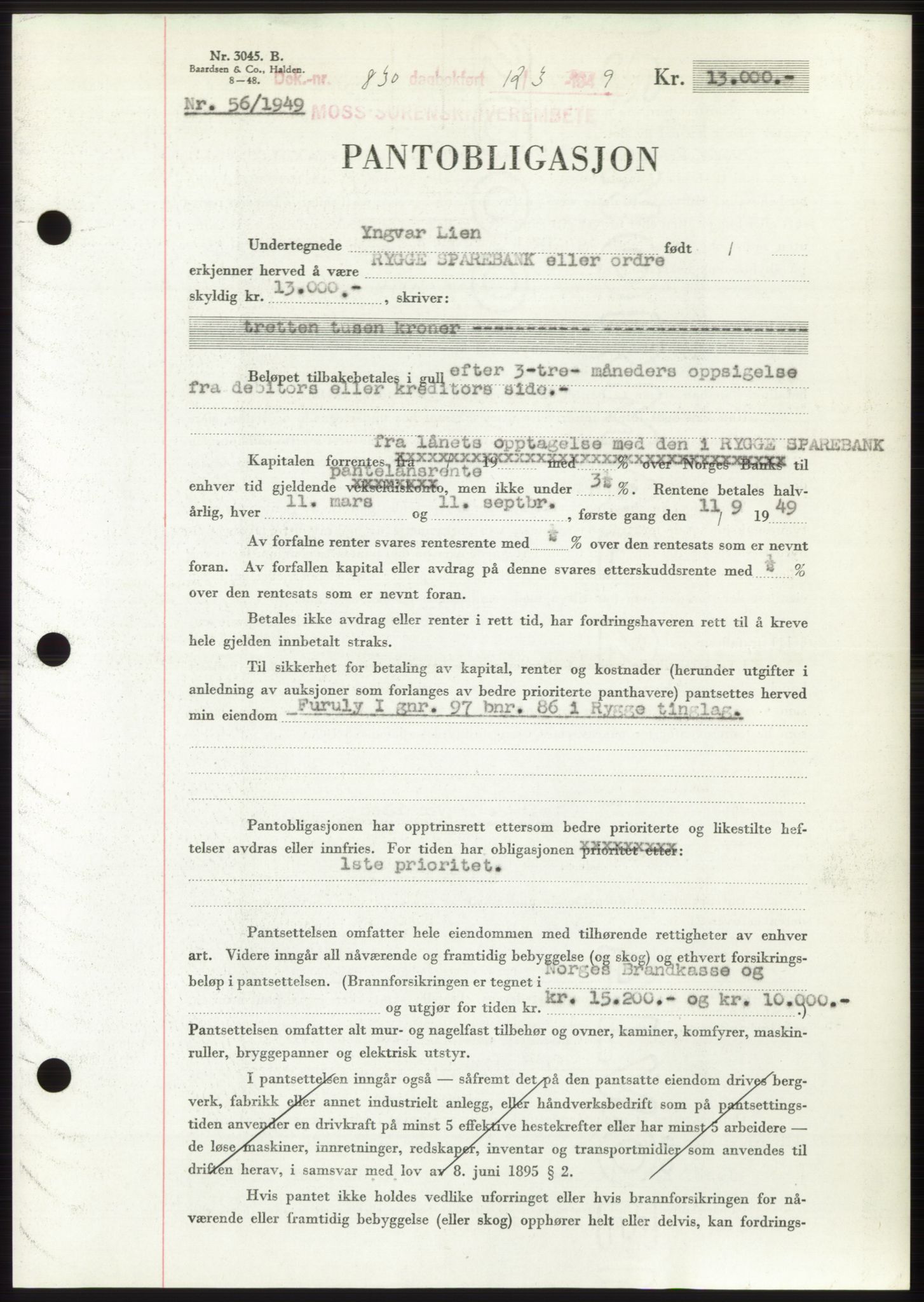 Moss sorenskriveri, SAO/A-10168: Pantebok nr. B21, 1949-1949, Dagboknr: 830/1949