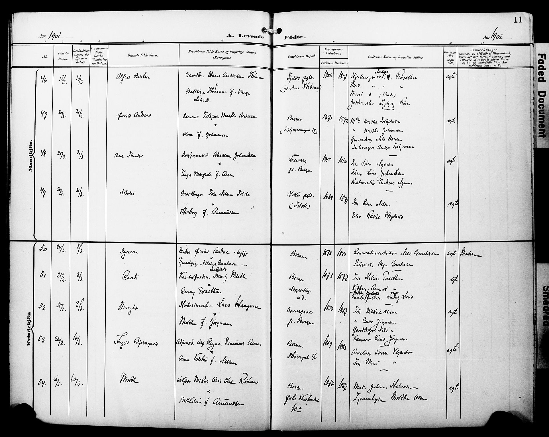 Fødselsstiftelsens sokneprestembete*, SAB/-: Klokkerbok nr. A 1, 1900-1909, s. 11