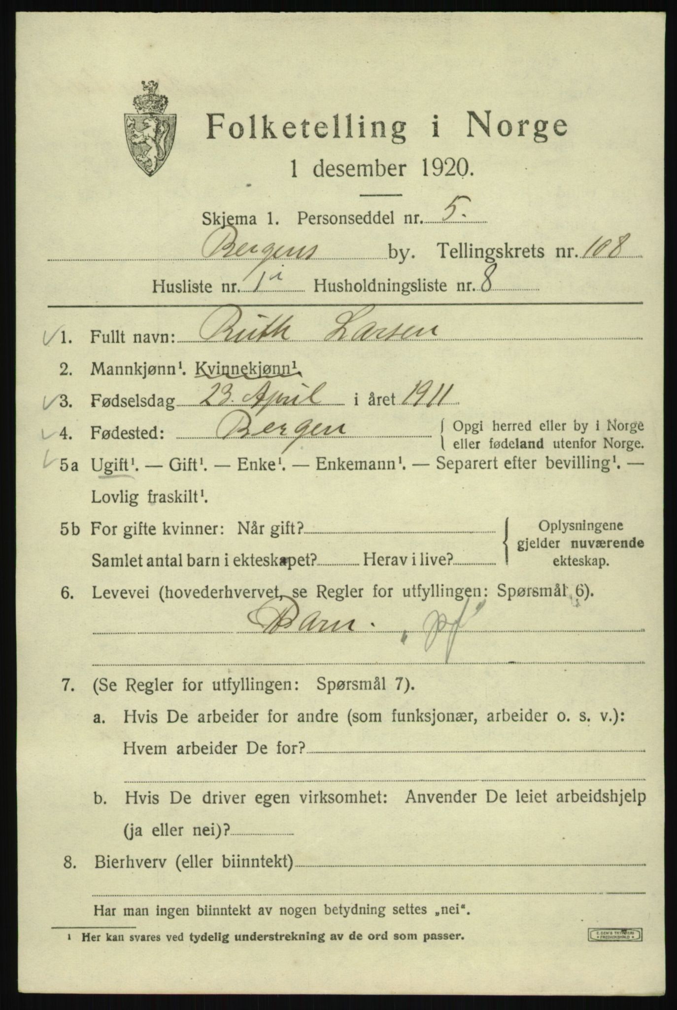 SAB, Folketelling 1920 for 1301 Bergen kjøpstad, 1920, s. 186994