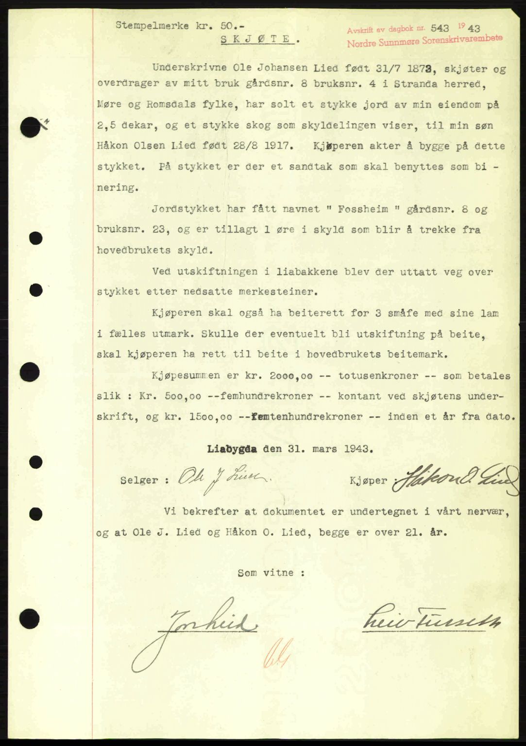 Nordre Sunnmøre sorenskriveri, AV/SAT-A-0006/1/2/2C/2Ca: Pantebok nr. A15, 1942-1943, Dagboknr: 543/1943