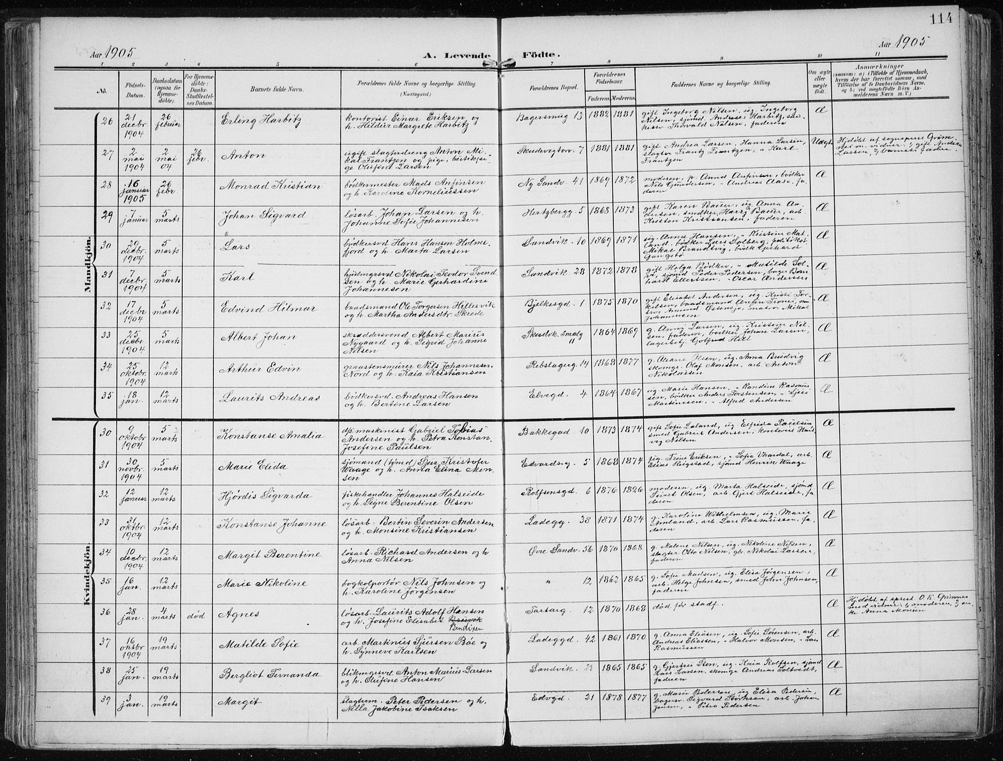 Sandviken Sokneprestembete, AV/SAB-A-77601/H/Ha/L0006: Ministerialbok nr. B 3, 1901-1912, s. 114