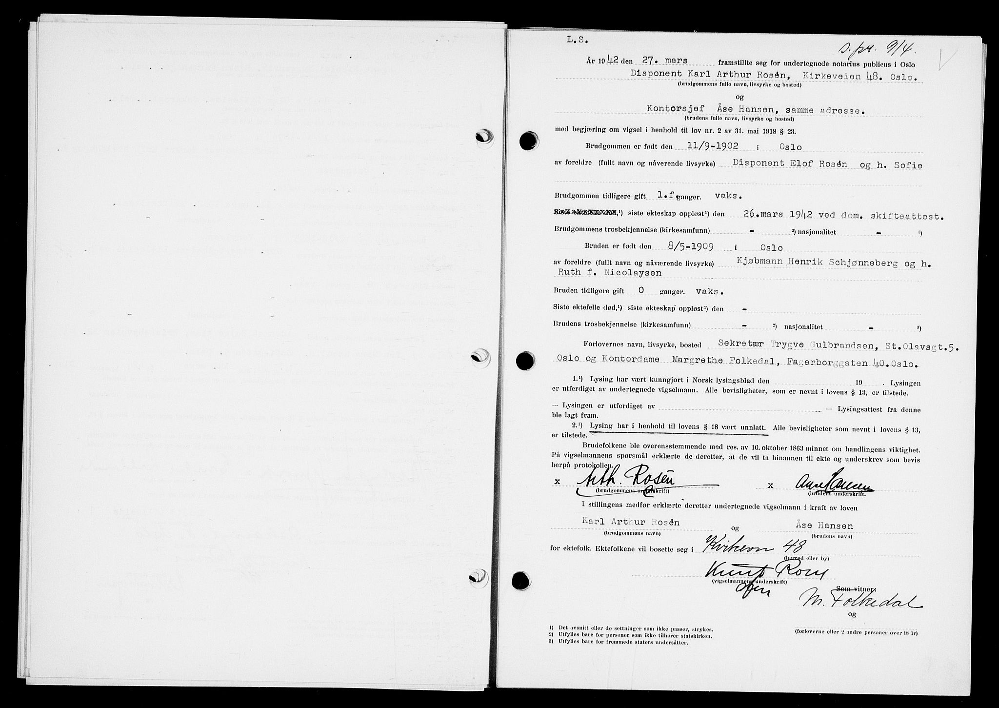 Oslo byfogd avd. I, AV/SAO-A-10220/L/Lb/Lbb/L0039: Notarialprotokoll, rekke II: Vigsler, 1942