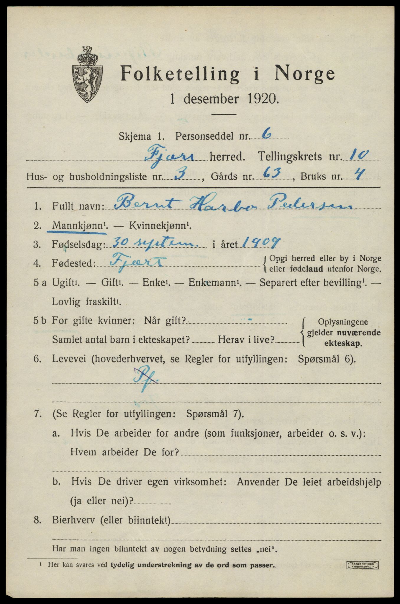 SAK, Folketelling 1920 for 0923 Fjære herred, 1920, s. 11437