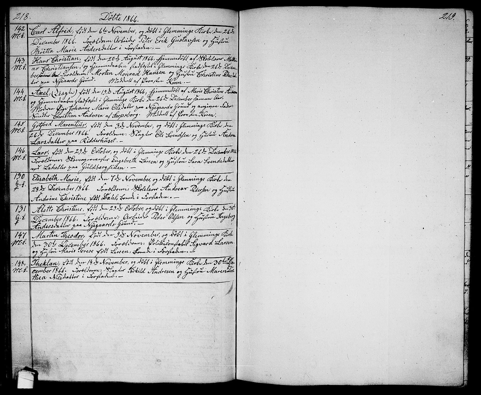 Glemmen prestekontor Kirkebøker, SAO/A-10908/G/Ga/L0003: Klokkerbok nr. 3, 1852-1866, s. 218-219