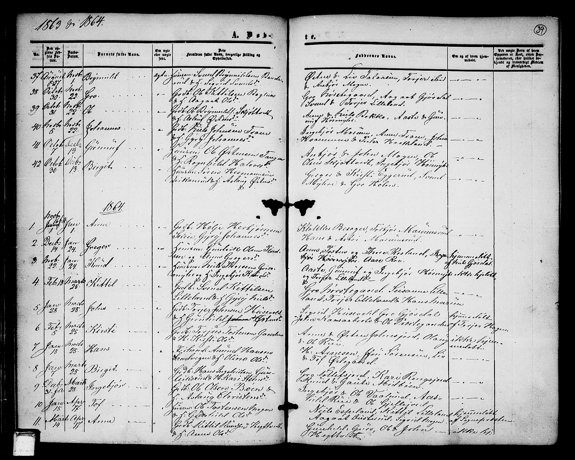 Tinn kirkebøker, AV/SAKO-A-308/G/Ga/L0002: Klokkerbok nr. I 2, 1851-1883, s. 39