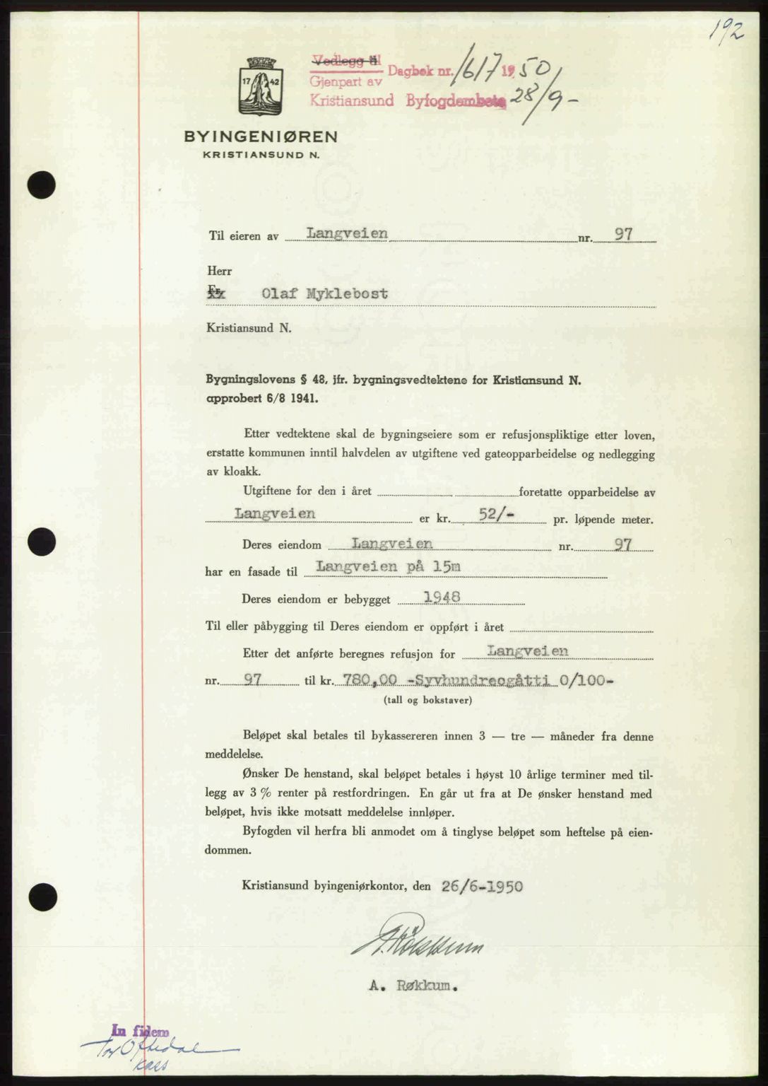 Kristiansund byfogd, AV/SAT-A-4587/A/27: Pantebok nr. 50, 1950-1950, Dagboknr: 1617/1950