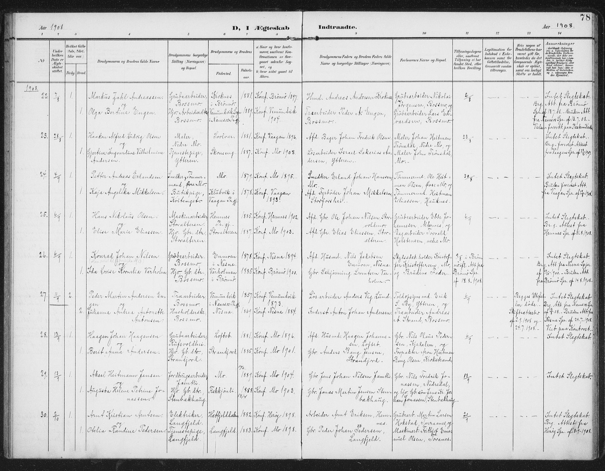 Ministerialprotokoller, klokkerbøker og fødselsregistre - Nordland, AV/SAT-A-1459/827/L0403: Ministerialbok nr. 827A15, 1903-1912, s. 78