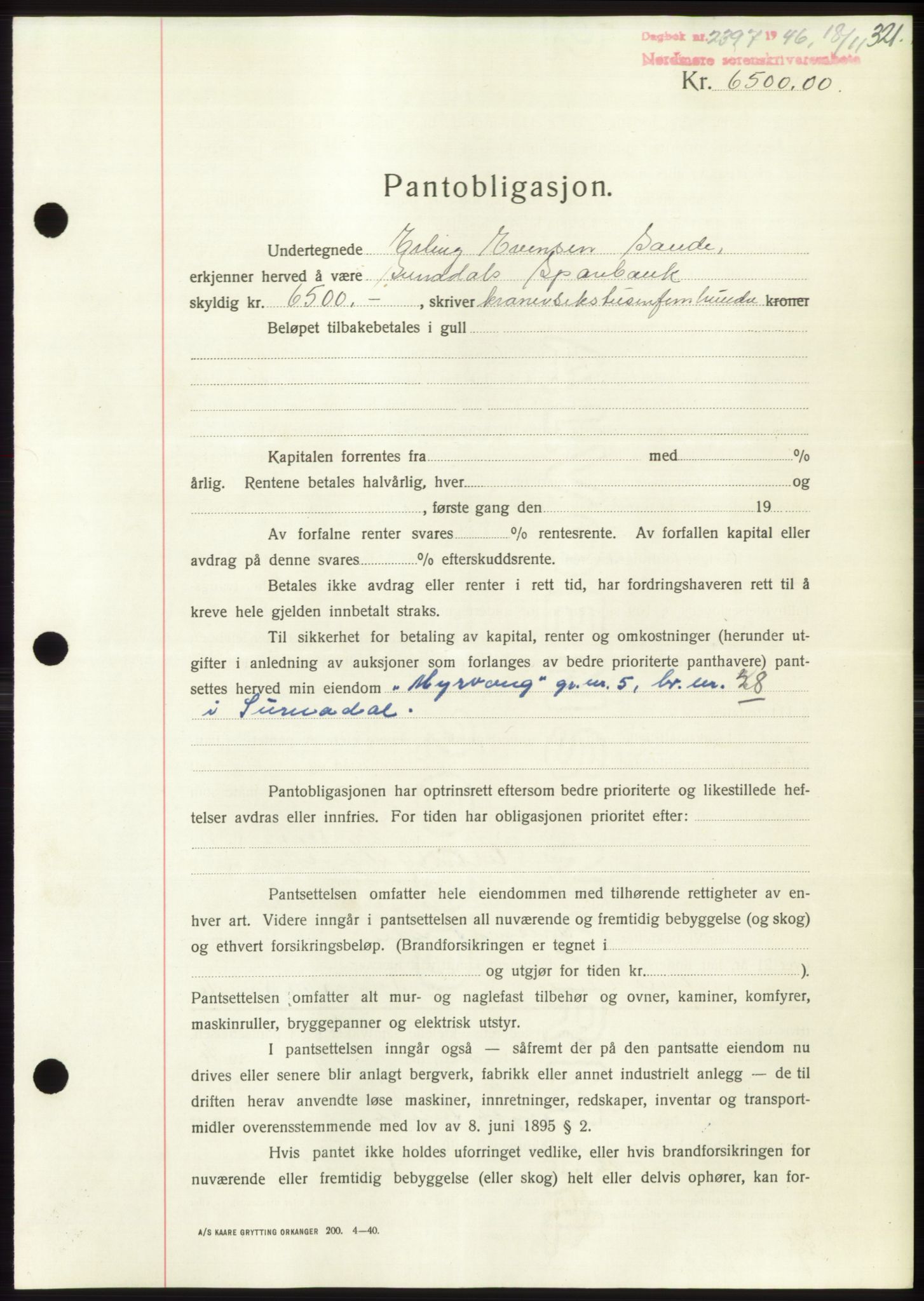 Nordmøre sorenskriveri, SAT/A-4132/1/2/2Ca: Pantebok nr. B95, 1946-1947, Dagboknr: 2397/1946