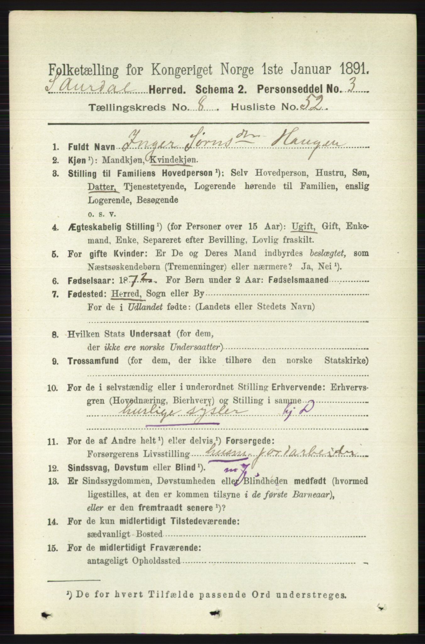 RA, Folketelling 1891 for 0540 Sør-Aurdal herred, 1891, s. 5188