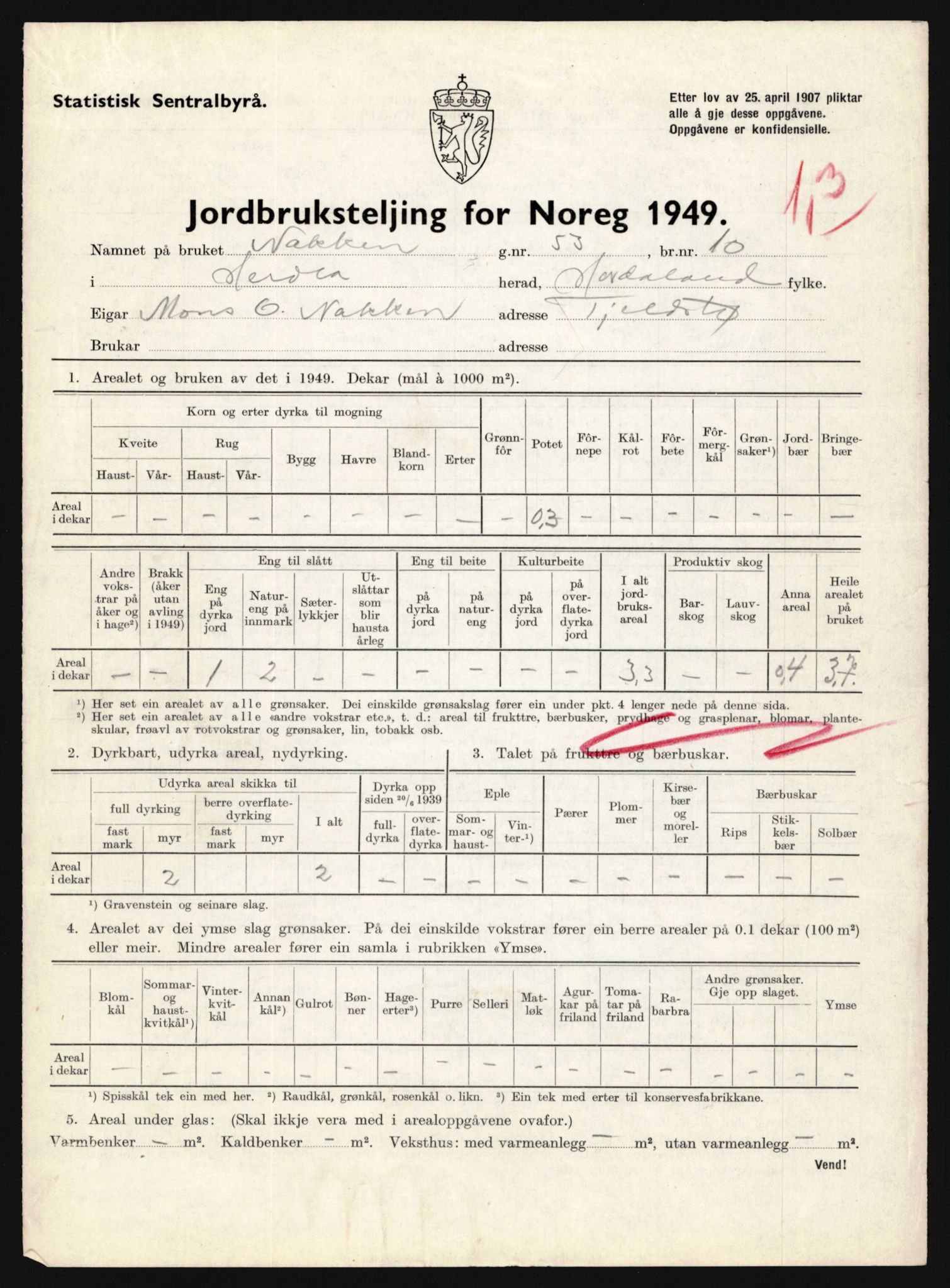 Statistisk sentralbyrå, Næringsøkonomiske emner, Jordbruk, skogbruk, jakt, fiske og fangst, AV/RA-S-2234/G/Gc/L0276: Hordaland: Herdla og Hjelme, 1949, s. 116