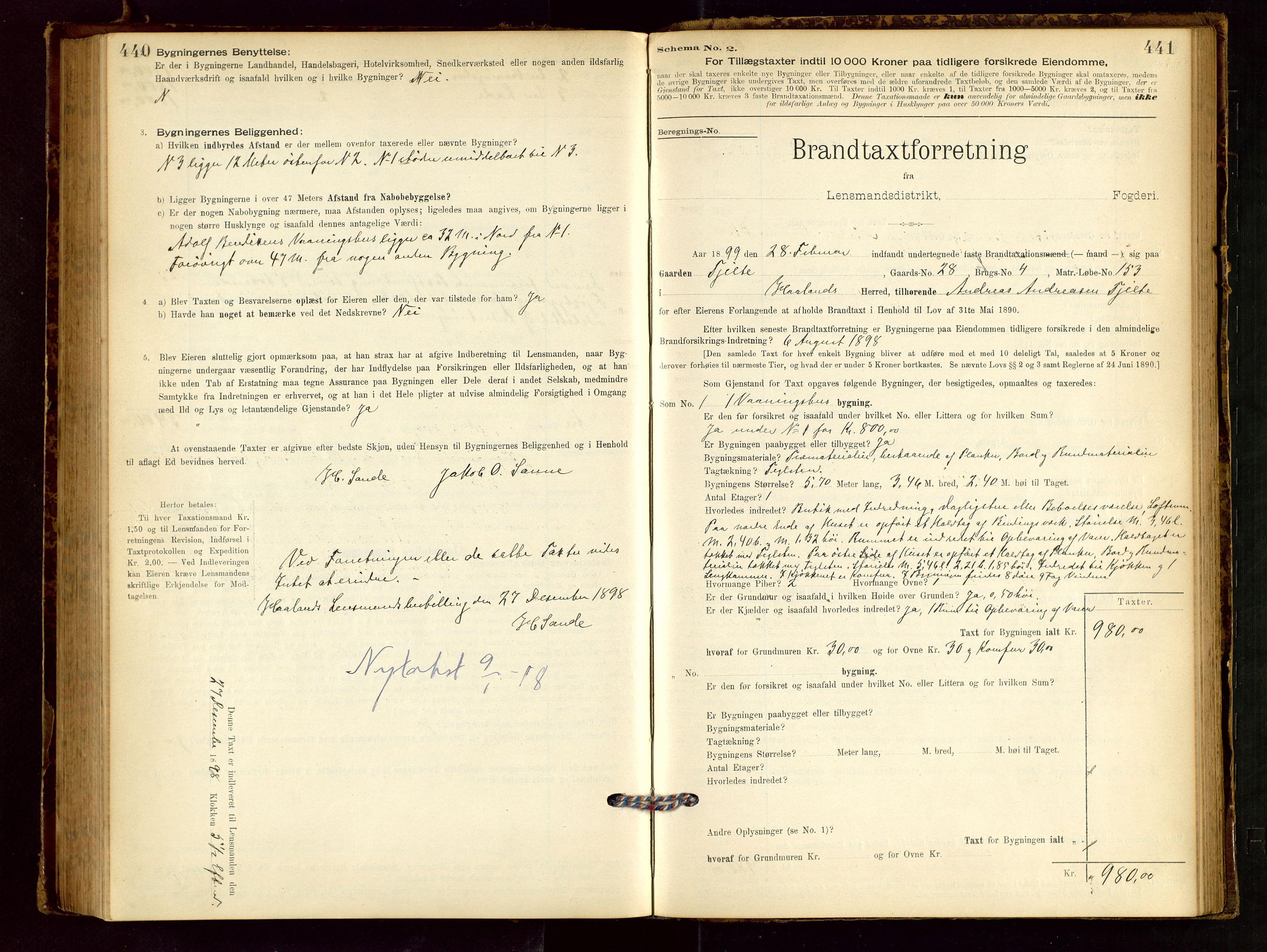 Håland lensmannskontor, SAST/A-100100/Gob/L0001: Branntakstprotokoll - skjematakst. Register i boken., 1894-1902, s. 440-441