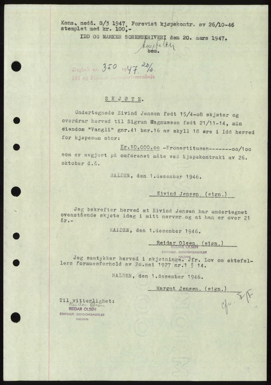 Idd og Marker sorenskriveri, SAO/A-10283/G/Gb/Gbb/L0009: Pantebok nr. A9, 1946-1947, Dagboknr: 350/1947
