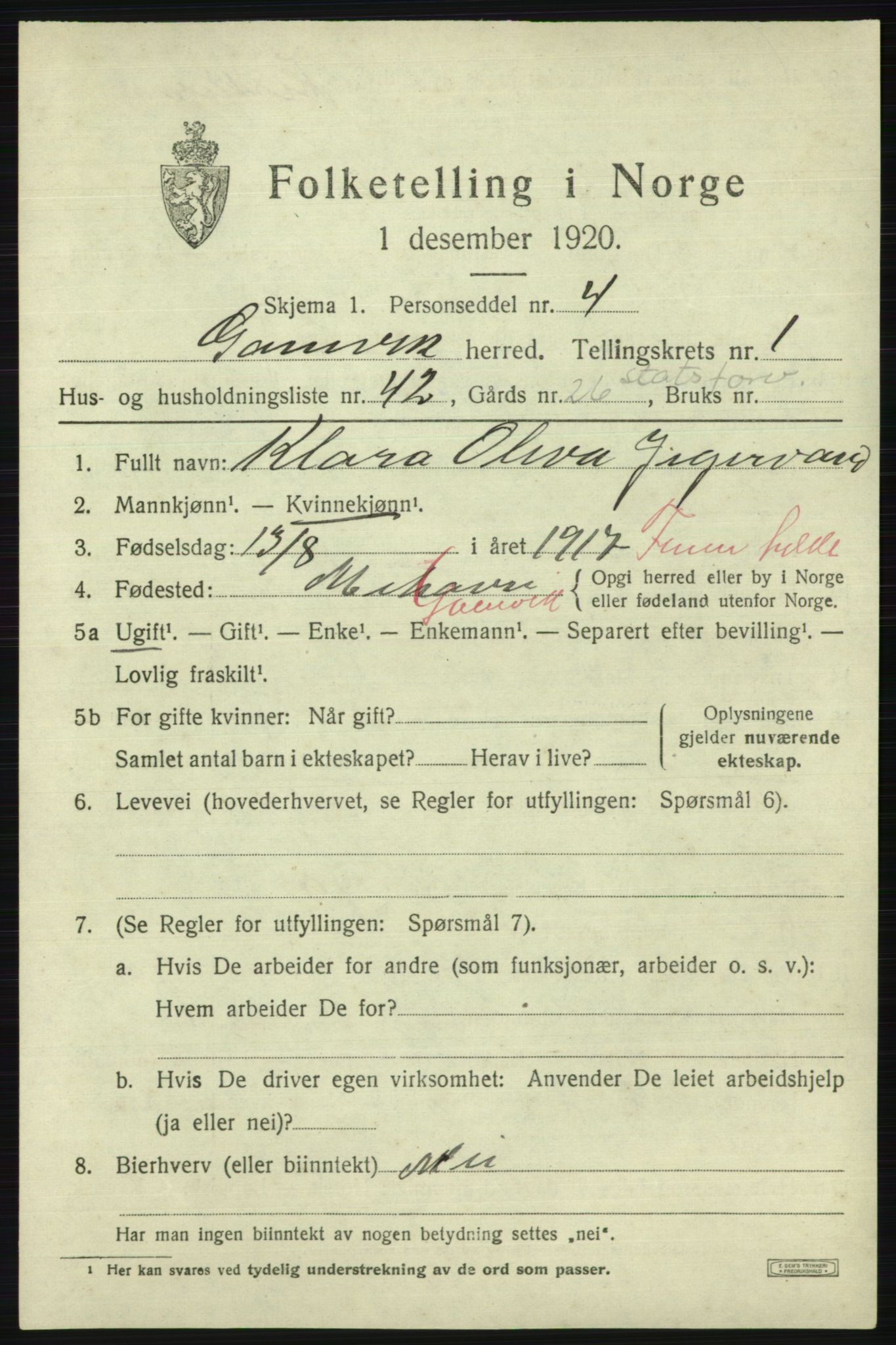 SATØ, Folketelling 1920 for 2023 Gamvik herred, 1920, s. 1184