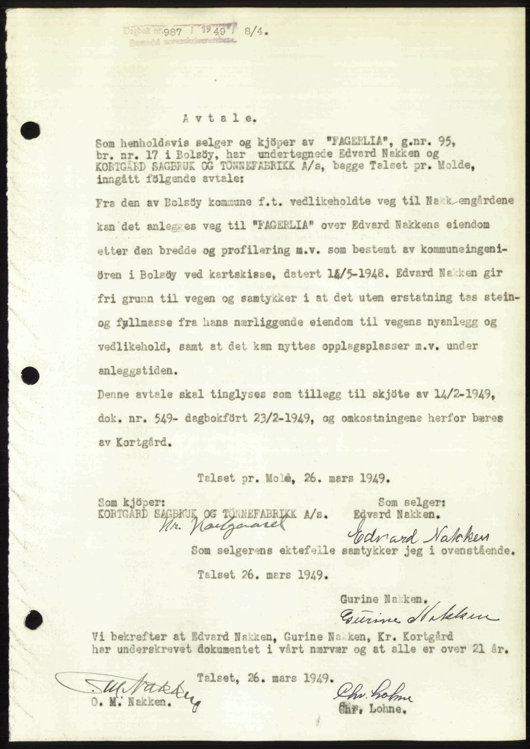 Romsdal sorenskriveri, SAT/A-4149/1/2/2C: Pantebok nr. A29, 1949-1949, Dagboknr: 987/1949
