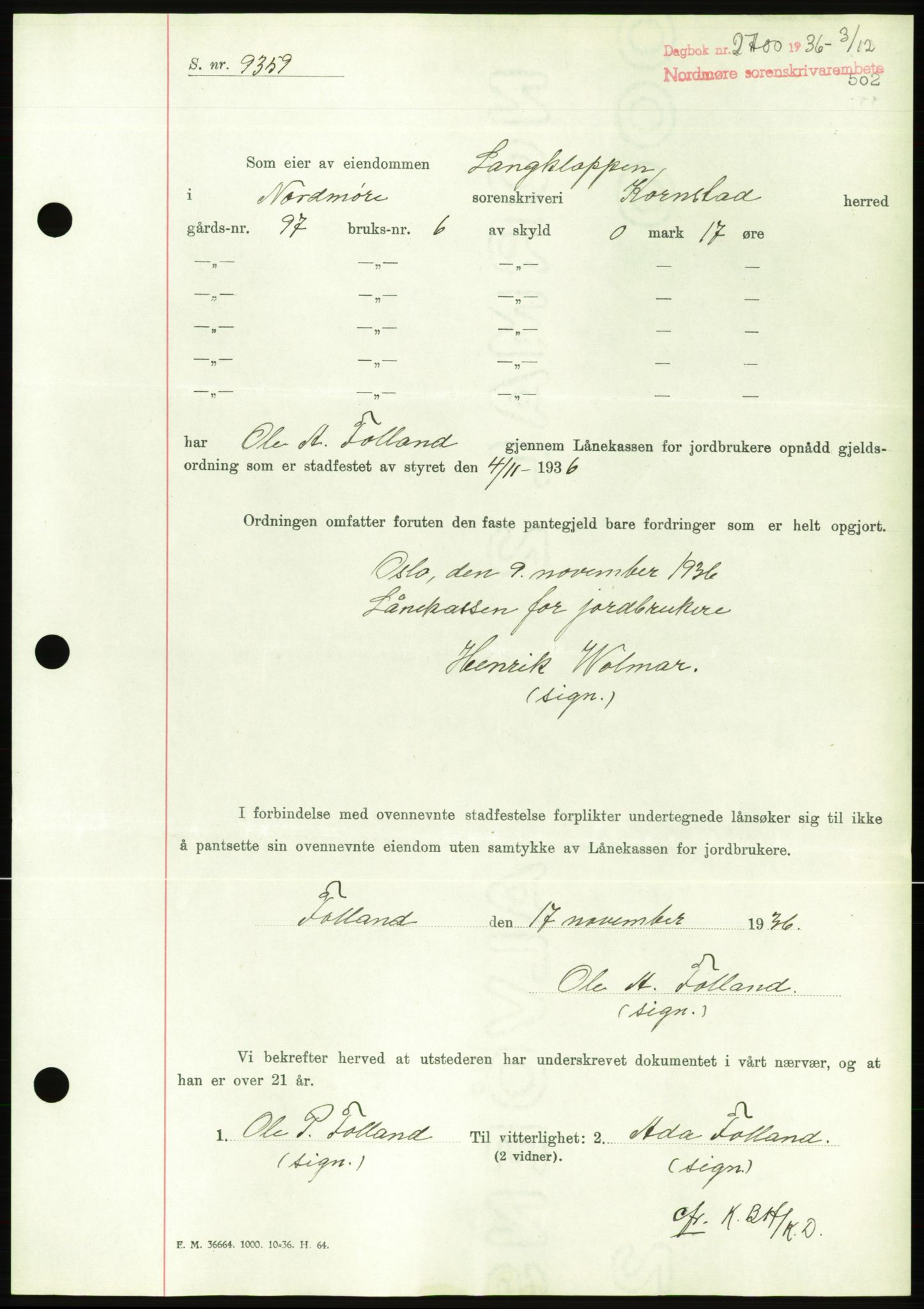 Nordmøre sorenskriveri, AV/SAT-A-4132/1/2/2Ca/L0090: Pantebok nr. B80, 1936-1937, Dagboknr: 2700/1936